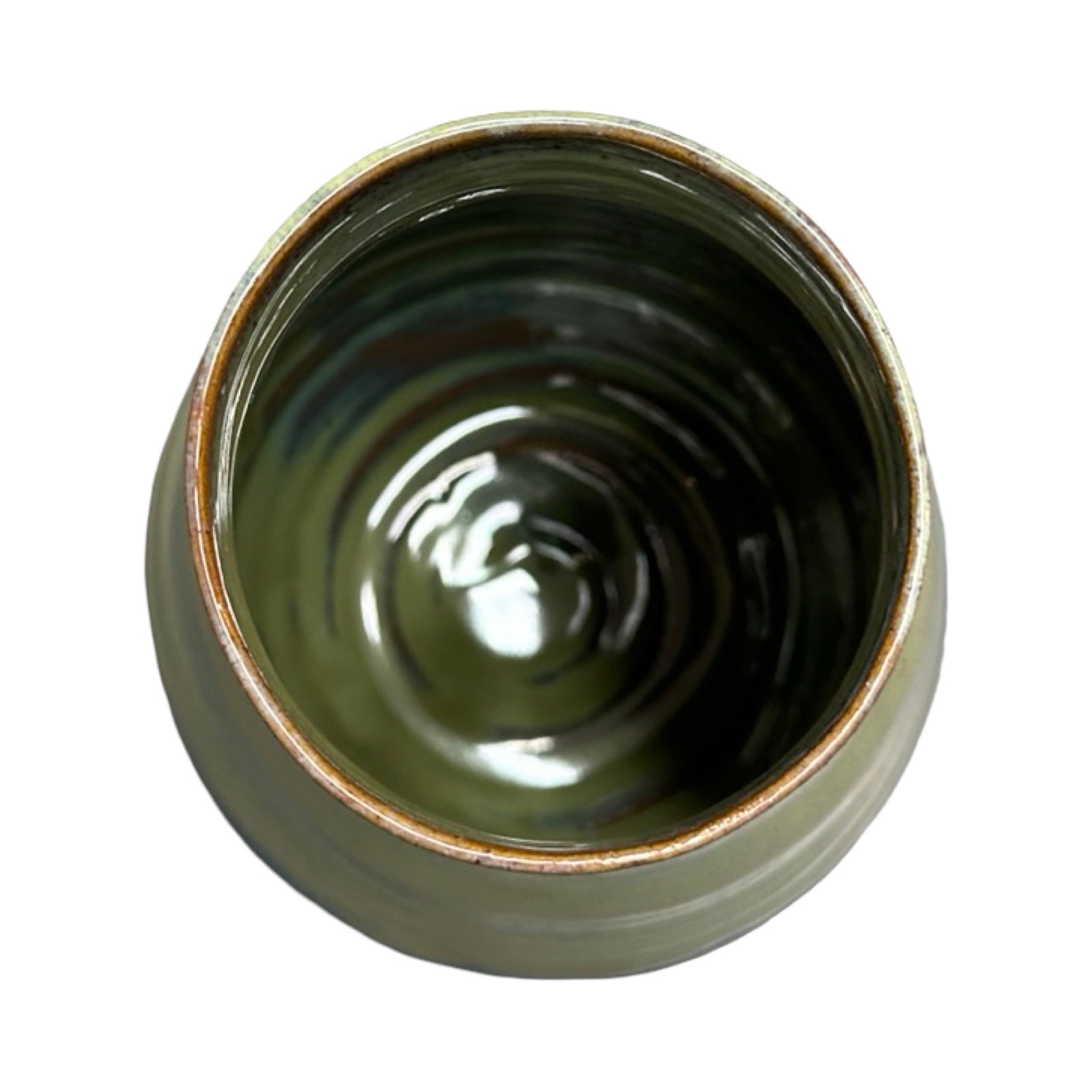 Green ceramic vase with a textured surface on a white background.