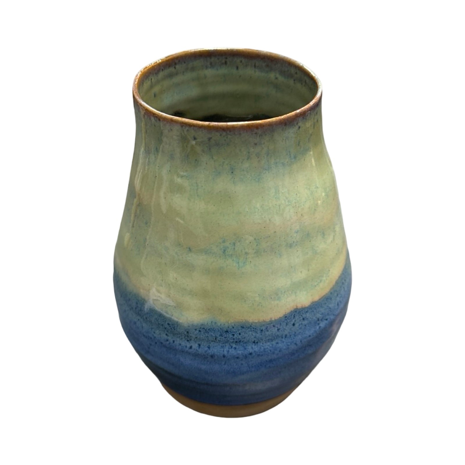 Ceramic vase with blue and green glaze on a white background.