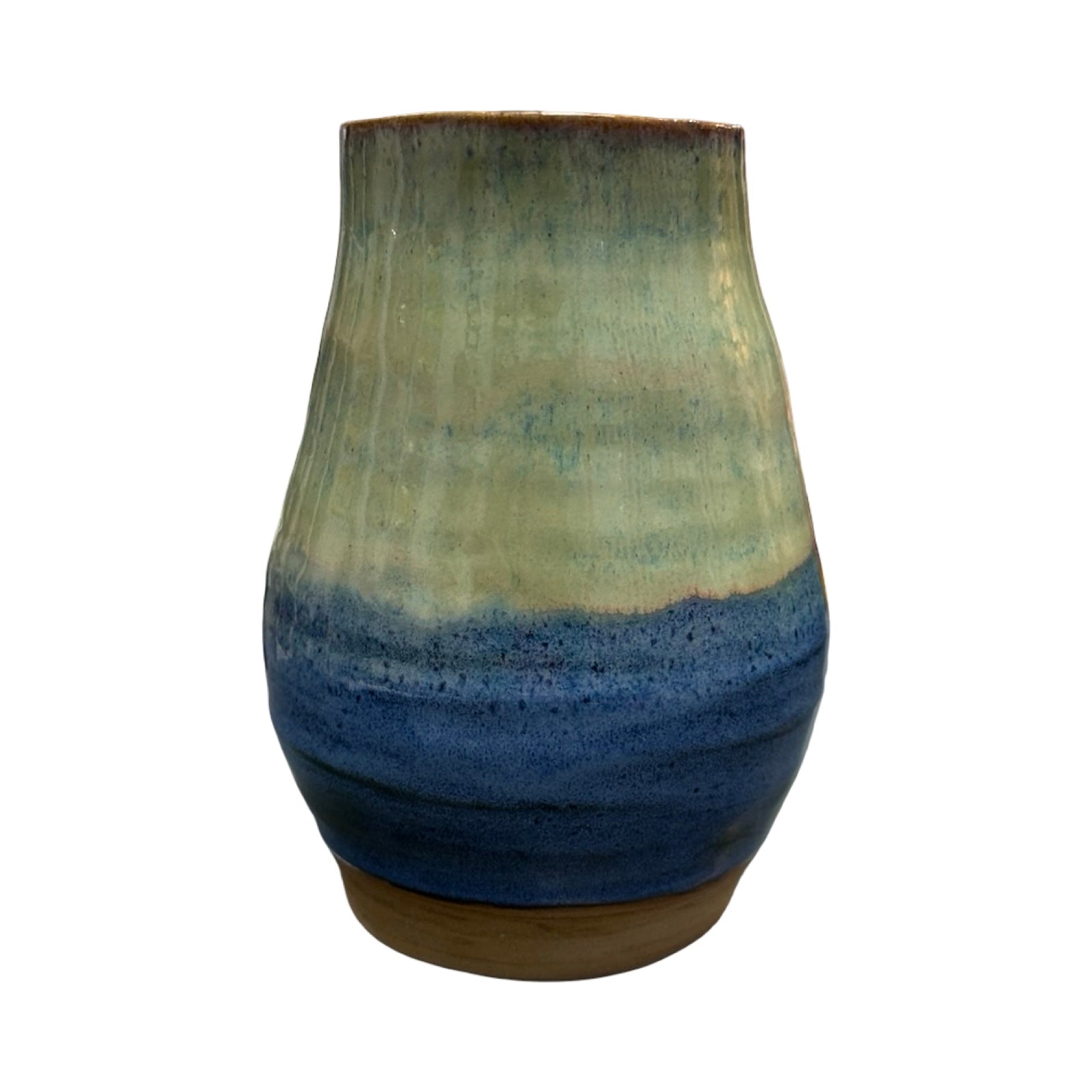 Ceramic vase with multicolored glaze on a white background.
