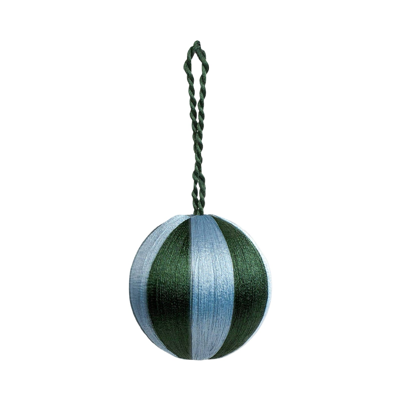 These gorgeous green and light blue striped baubles are thread-bound and come complete with a matching green hanging thread.