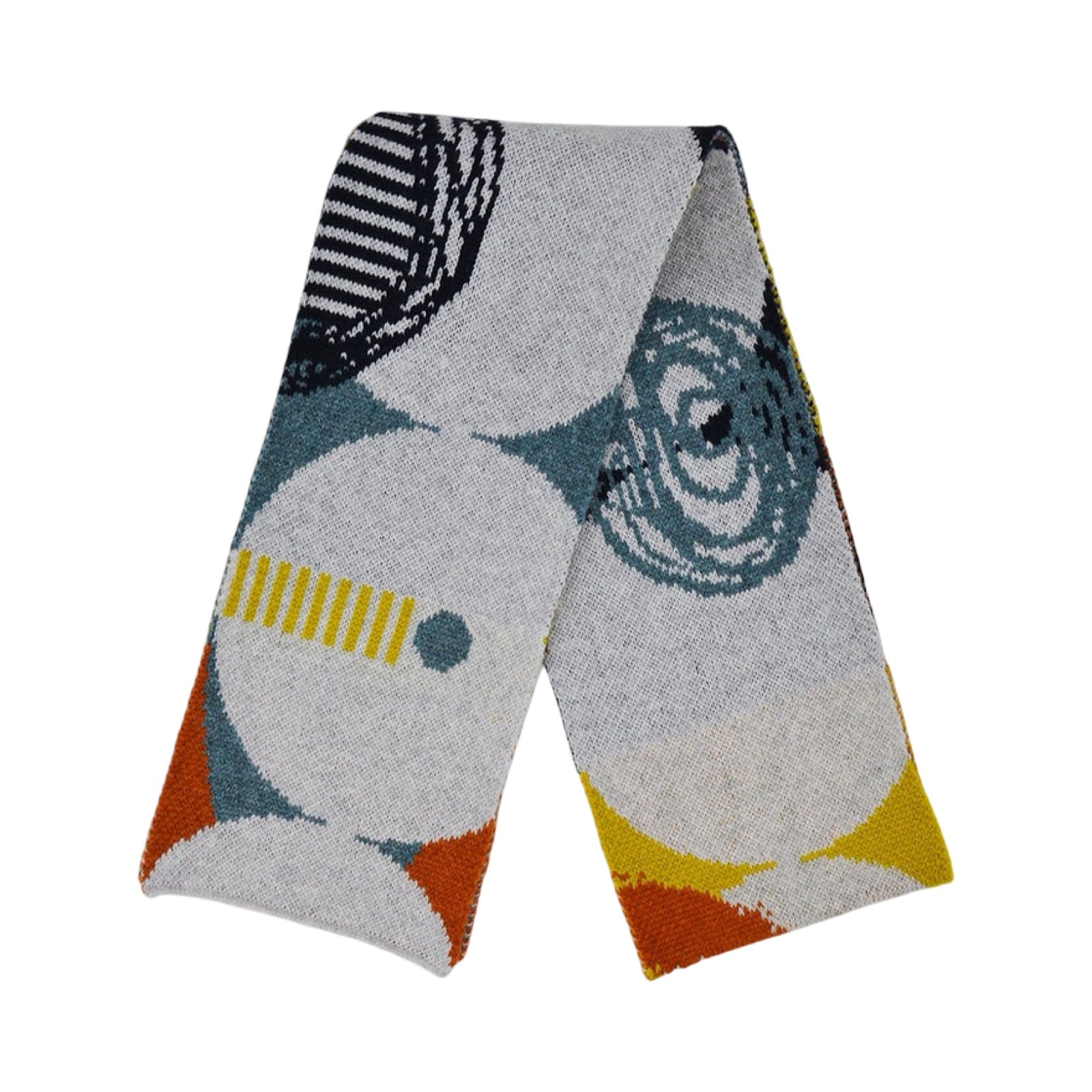 This grey, black, orange and yellow lambswool scarf is sure to add some colour to your outfit with its geometric-shaped designs.