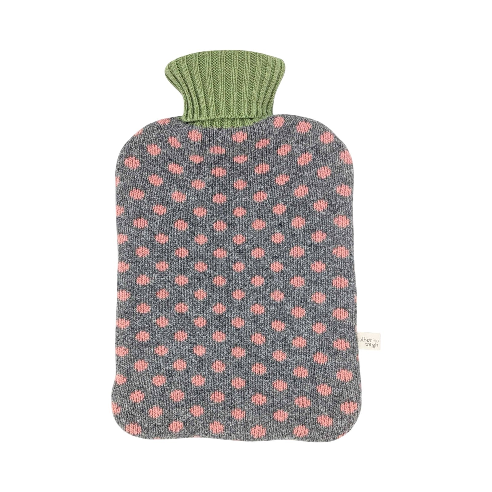 A knitted hot water bottle cover with a grey body patterned with pink spots and a green ribbed neck, shown on a plain white background.