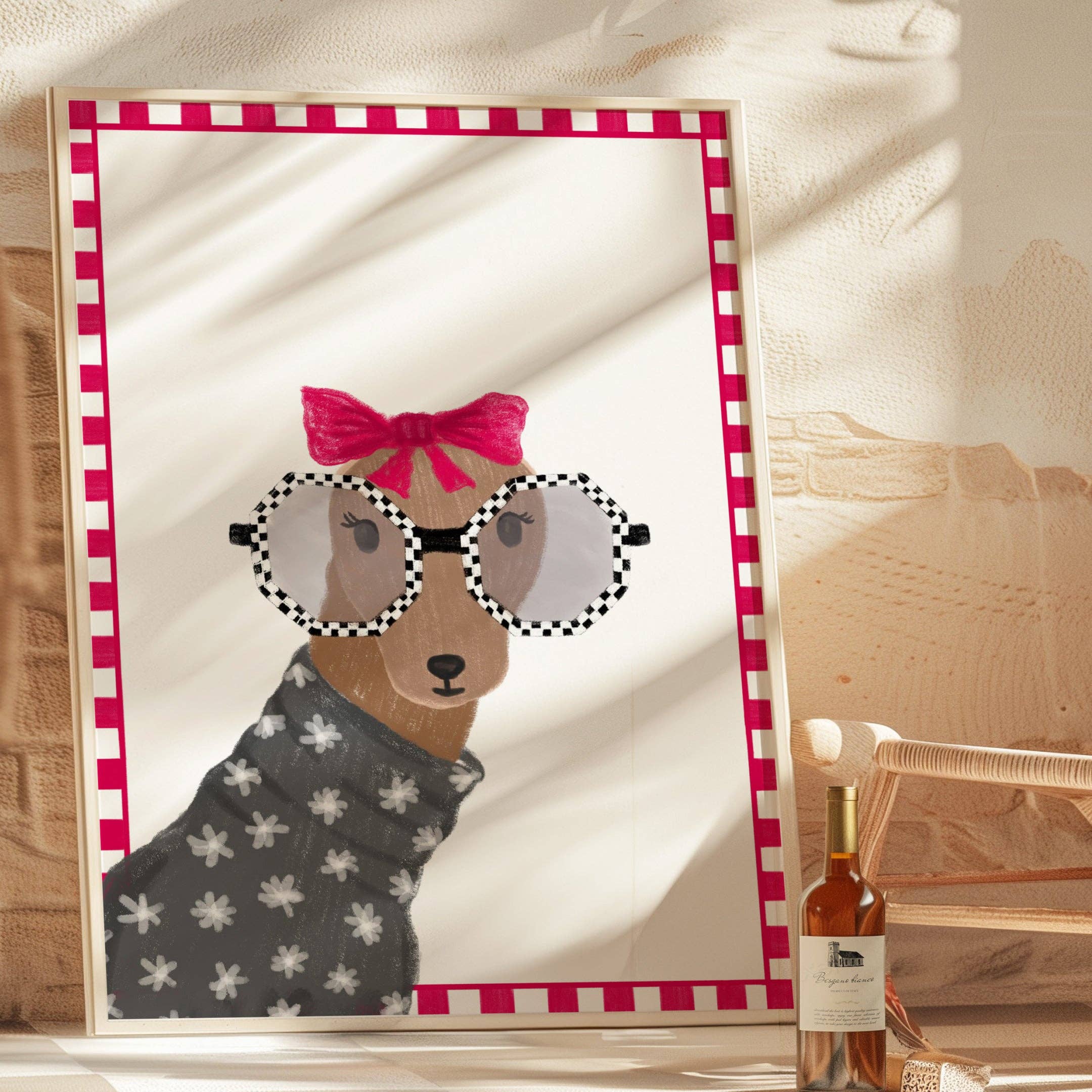 Framed artwork of a dog wearing sunglasses and a bow, with a bottle of wine in the background.