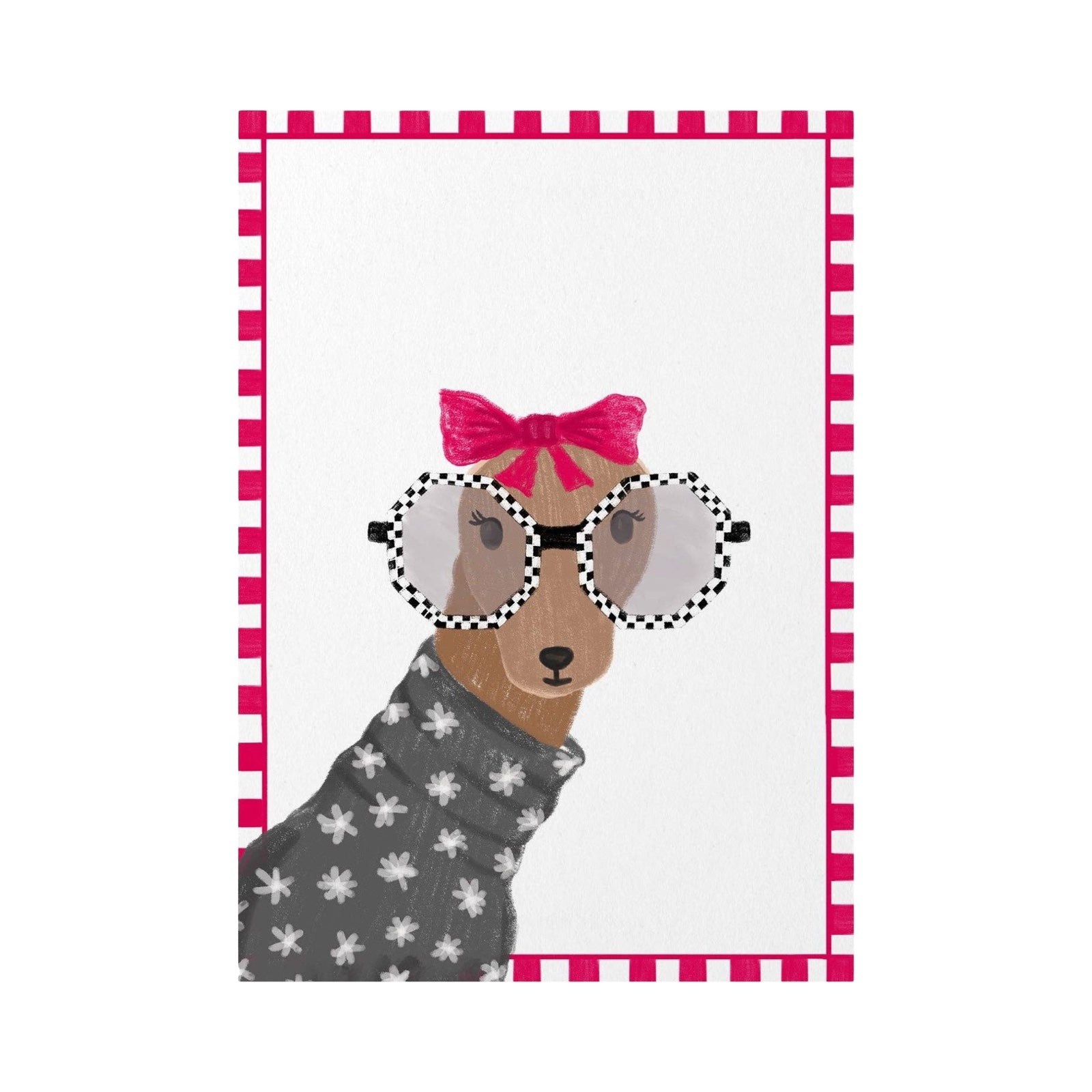 Dog wearing a gray sweater with white patterns and a pink bow, framed by a red and white checkered border.
