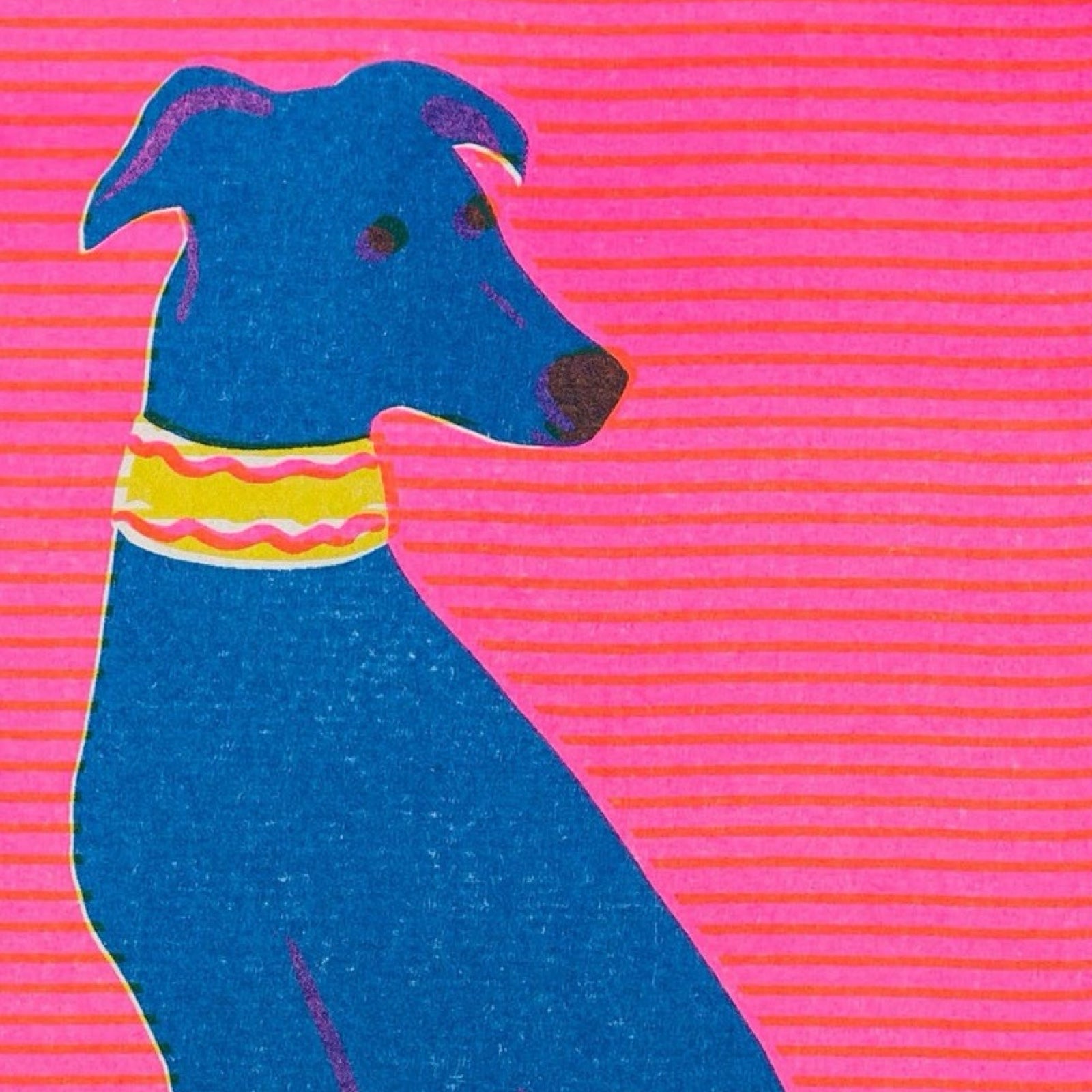 A risograph print of a blue greyhound (dog) on a pink striped background.