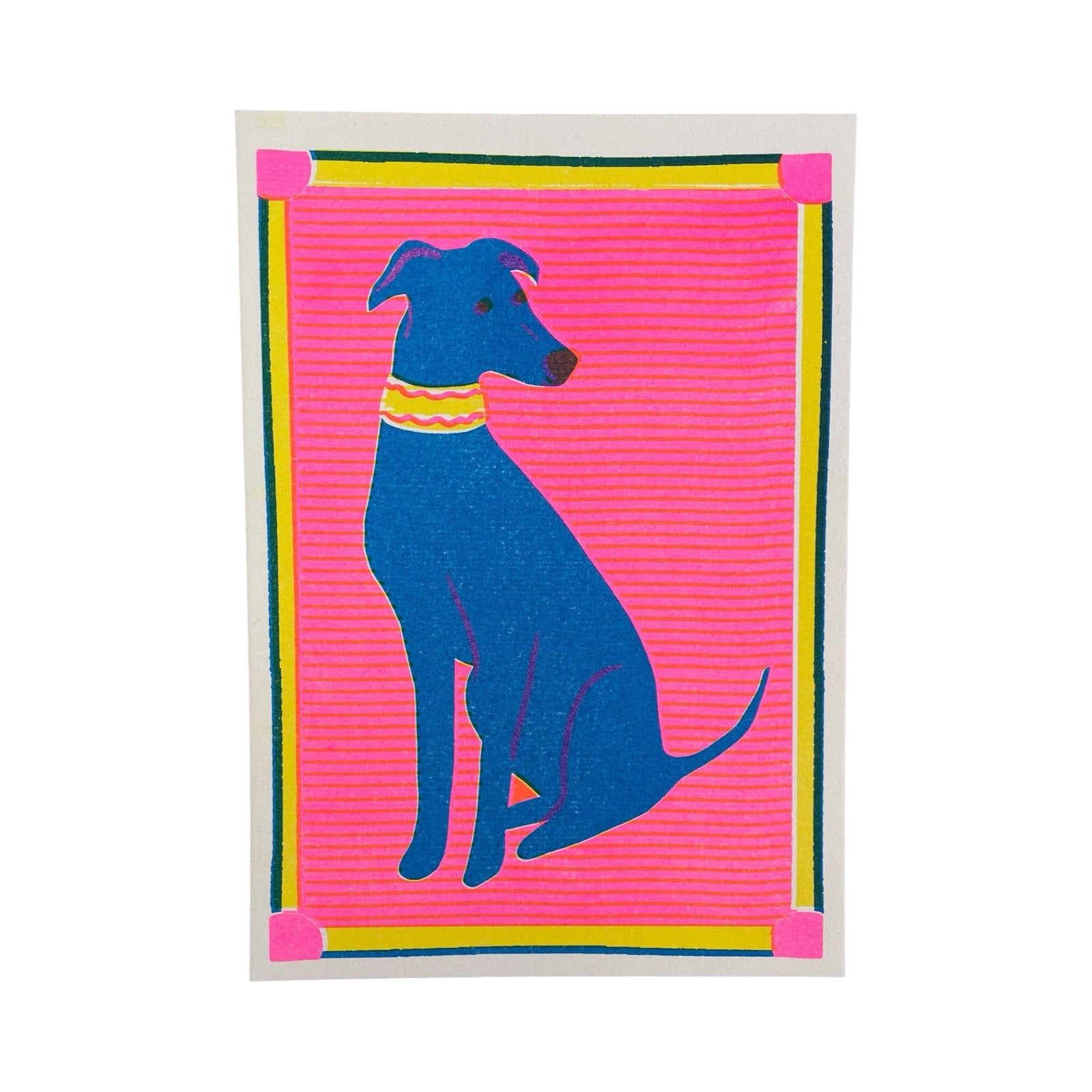 A risograph print of a blue greyhound (dog) on a pink striped background.