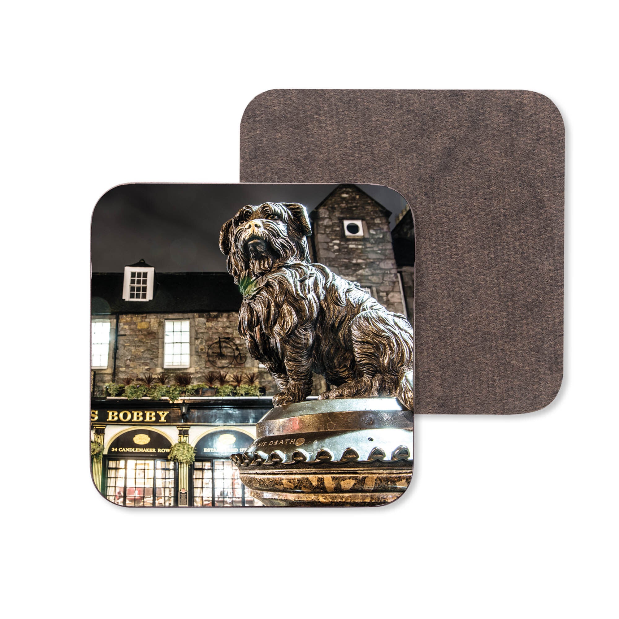 An image of the Greyfriars Bobby Statue Edinburgh on a coaster.
