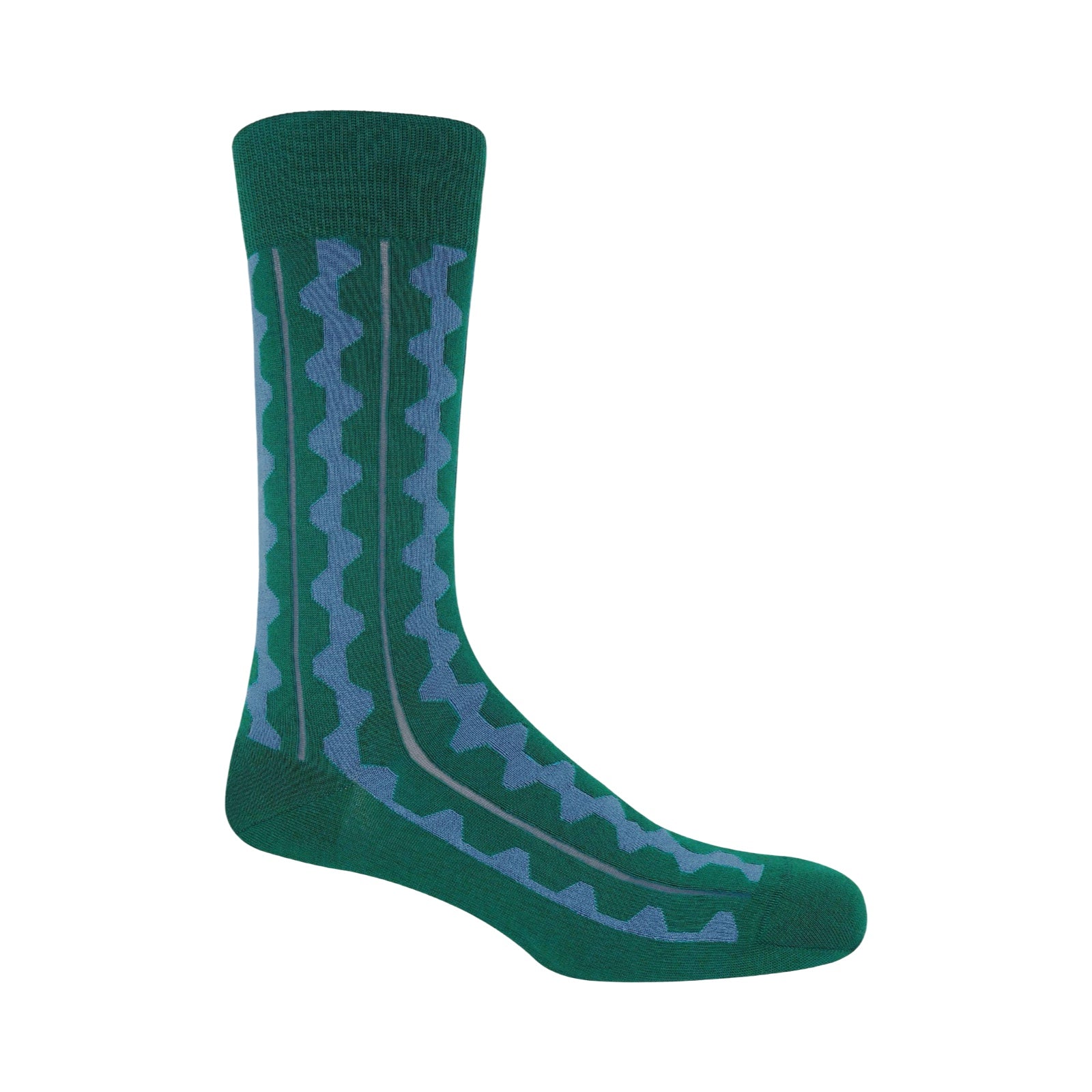 Green sock with blue zigzag pattern on a white background.
