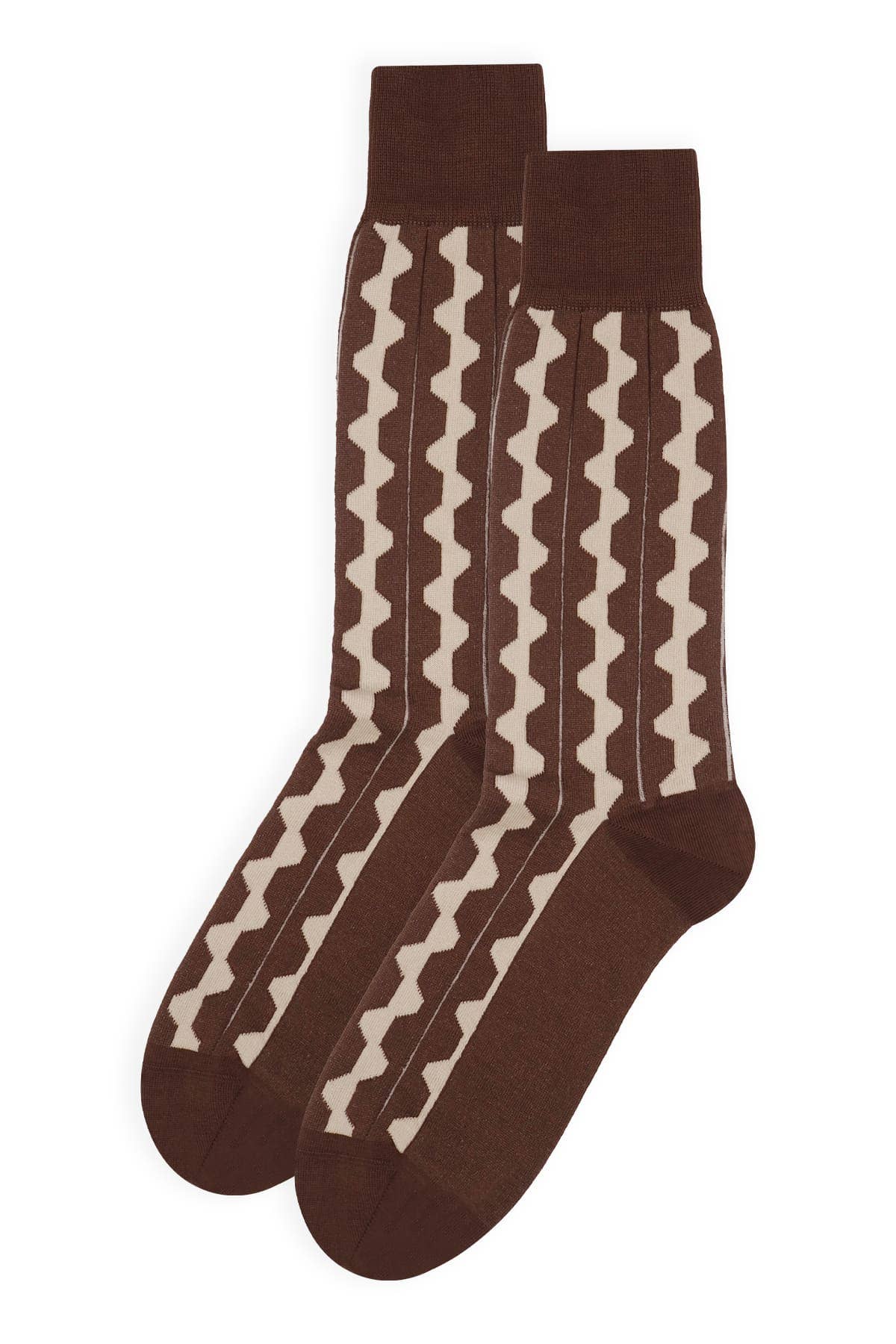 Pair of brown socks with white zigzag pattern on a white background.
