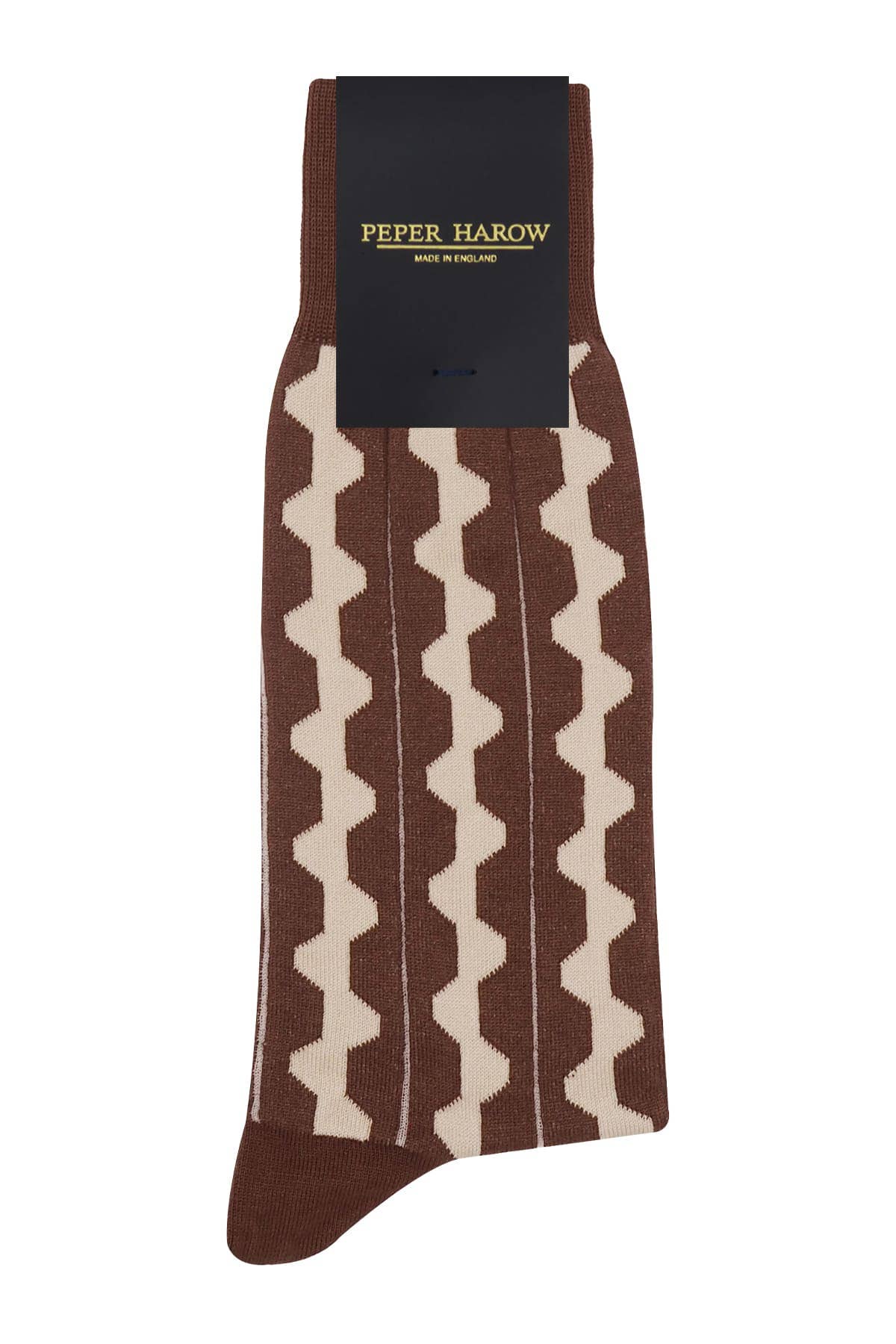 Brown sock with white pattern and 'Pepper Harrow' label on a white background.