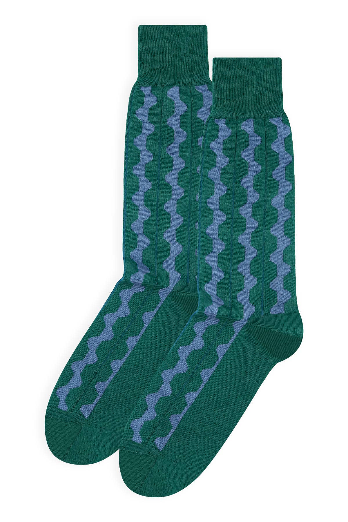 Green socks with blue zigzag pattern on a white background.