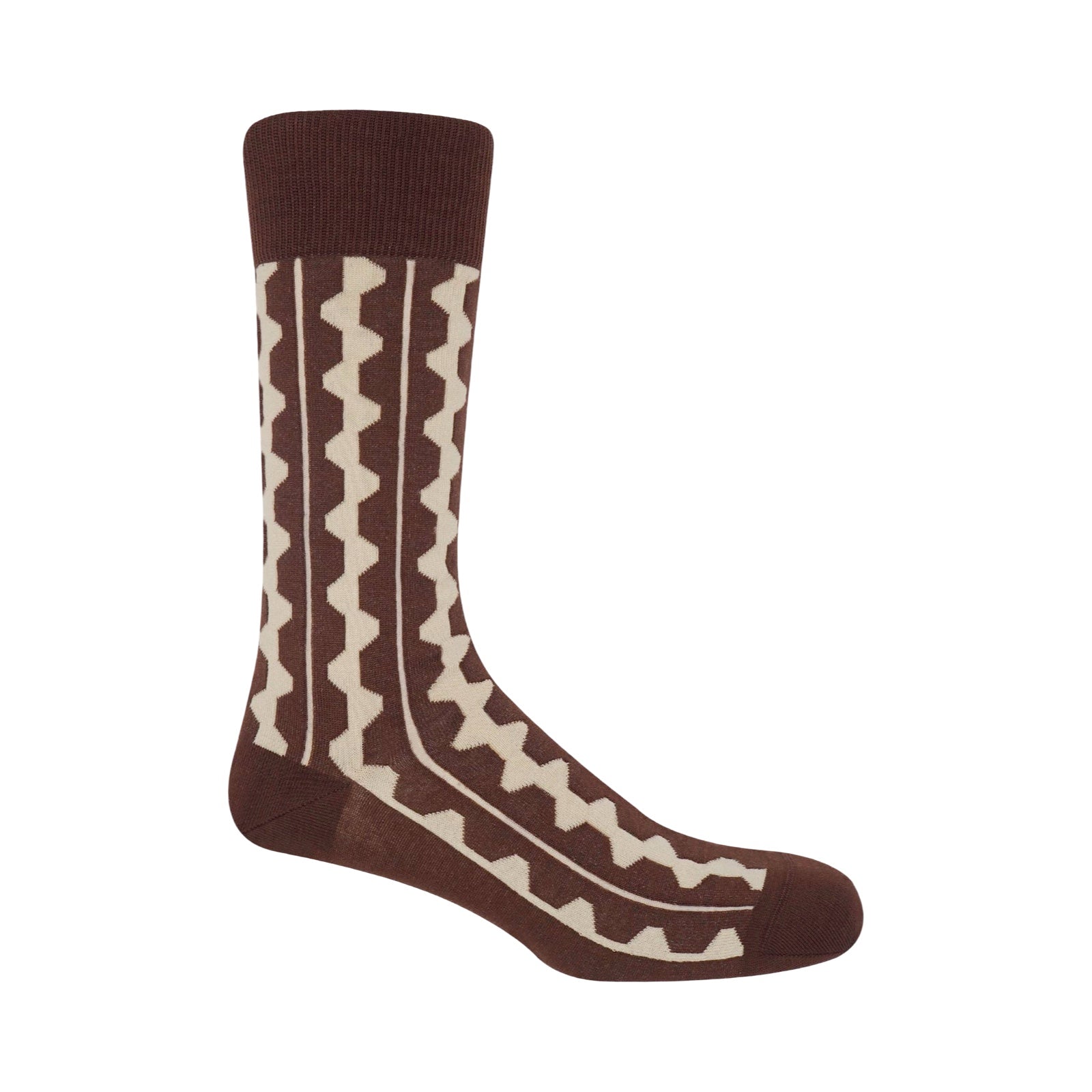 Brown sock with white zigzag pattern on a white background.