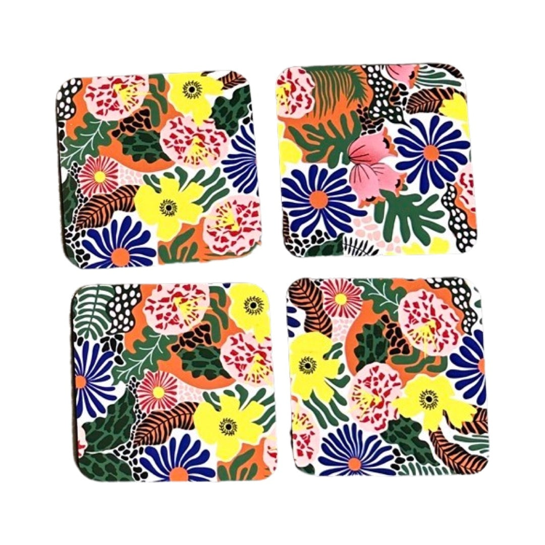 Set of 4 floral coasters of colourful plants, flowers and leaves from the garden.