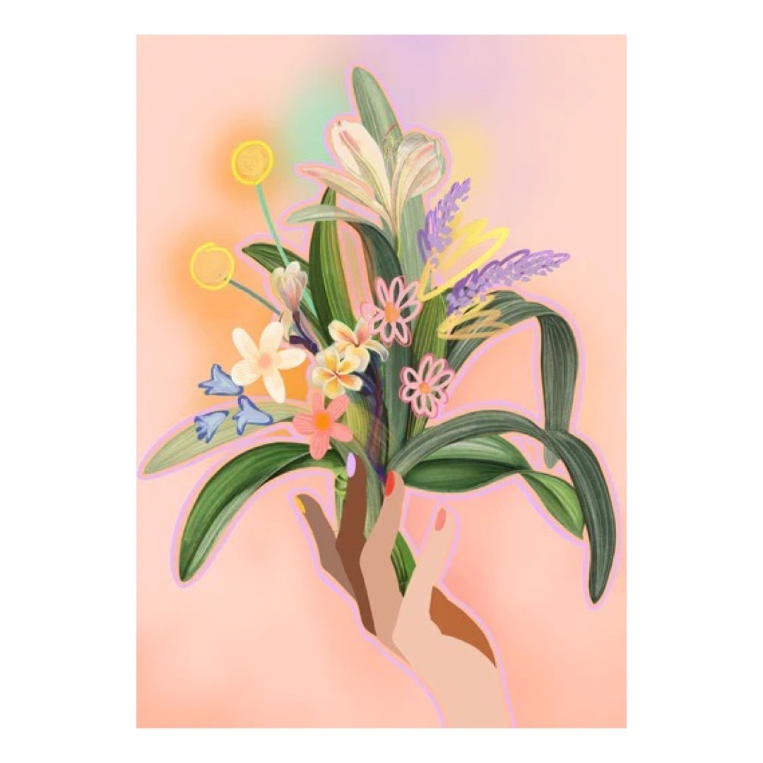 Art print featuring a hand (with fingers in different skin tones) holding a large bunch of colourful flowers.
