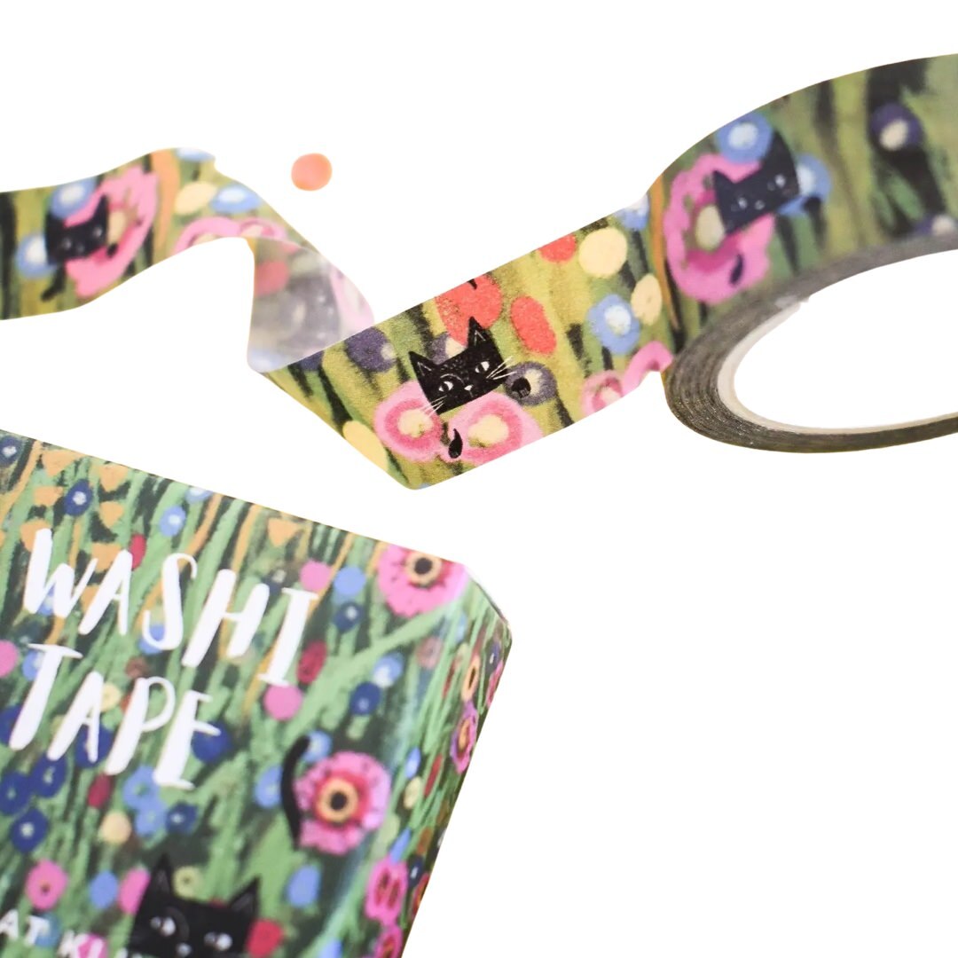 Colourful washi tape with illustrated black cats in a wildflower meadow inspired by the artist Gustav Klimt, perfect for crafting, journaling and wrapping gifts.