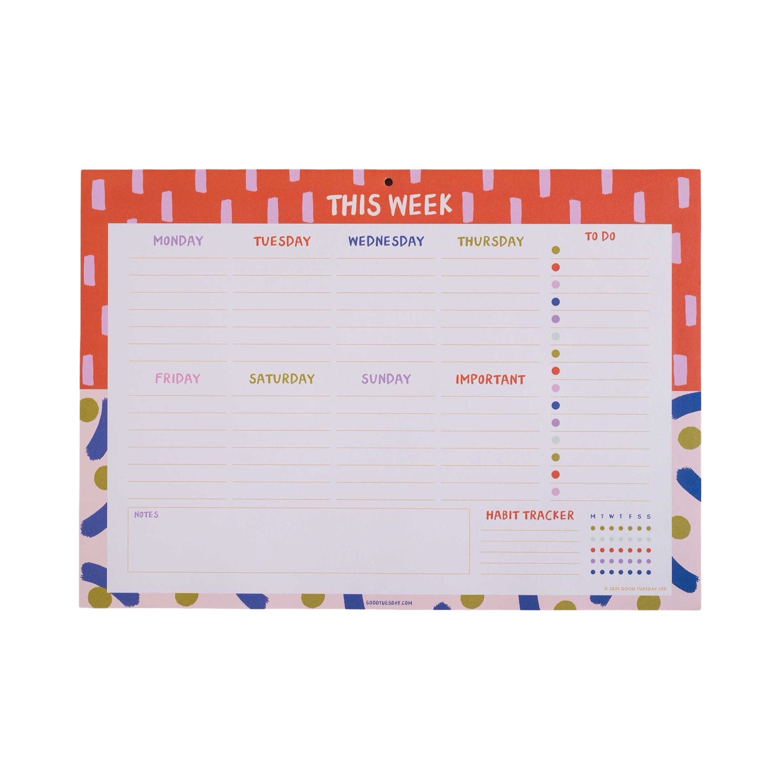 A weekly planner with a bright coral border and a white writing area labeled 'THIS WEEK' at the top. The pad includes sections for Monday through Sunday, a to-do column, notes space, and a habit tracker with colourful dots.