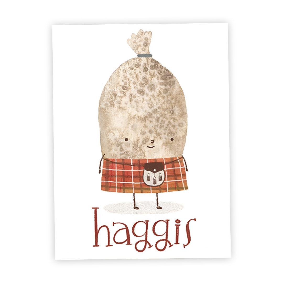 Postcard featuring an illustration of a haggis wearing a red tartan kilt.