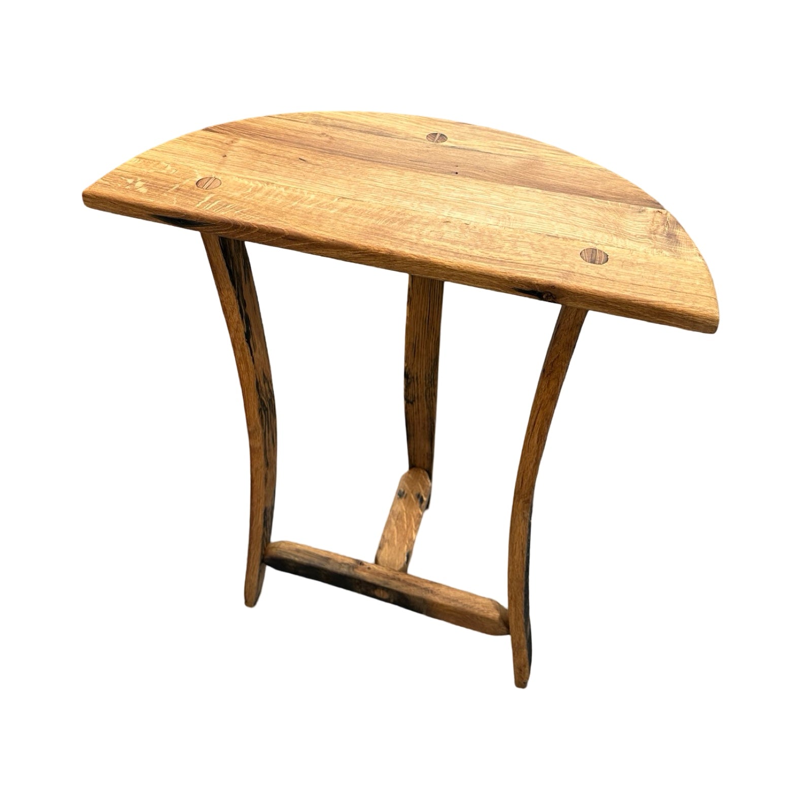The back of wooden half moon table with three wooden legs.