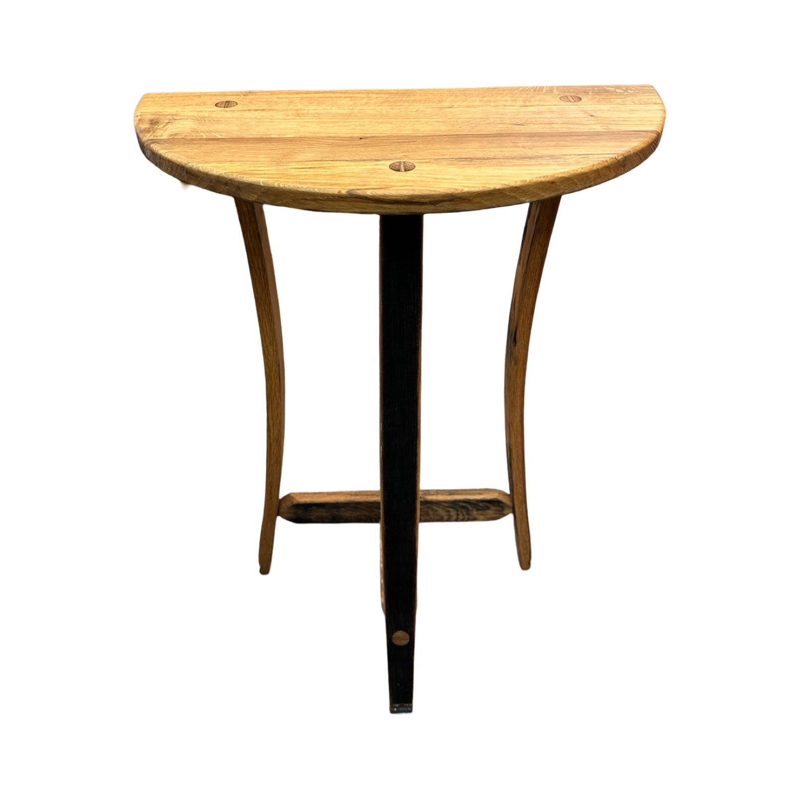 Wooden half moon table with three wooden legs.