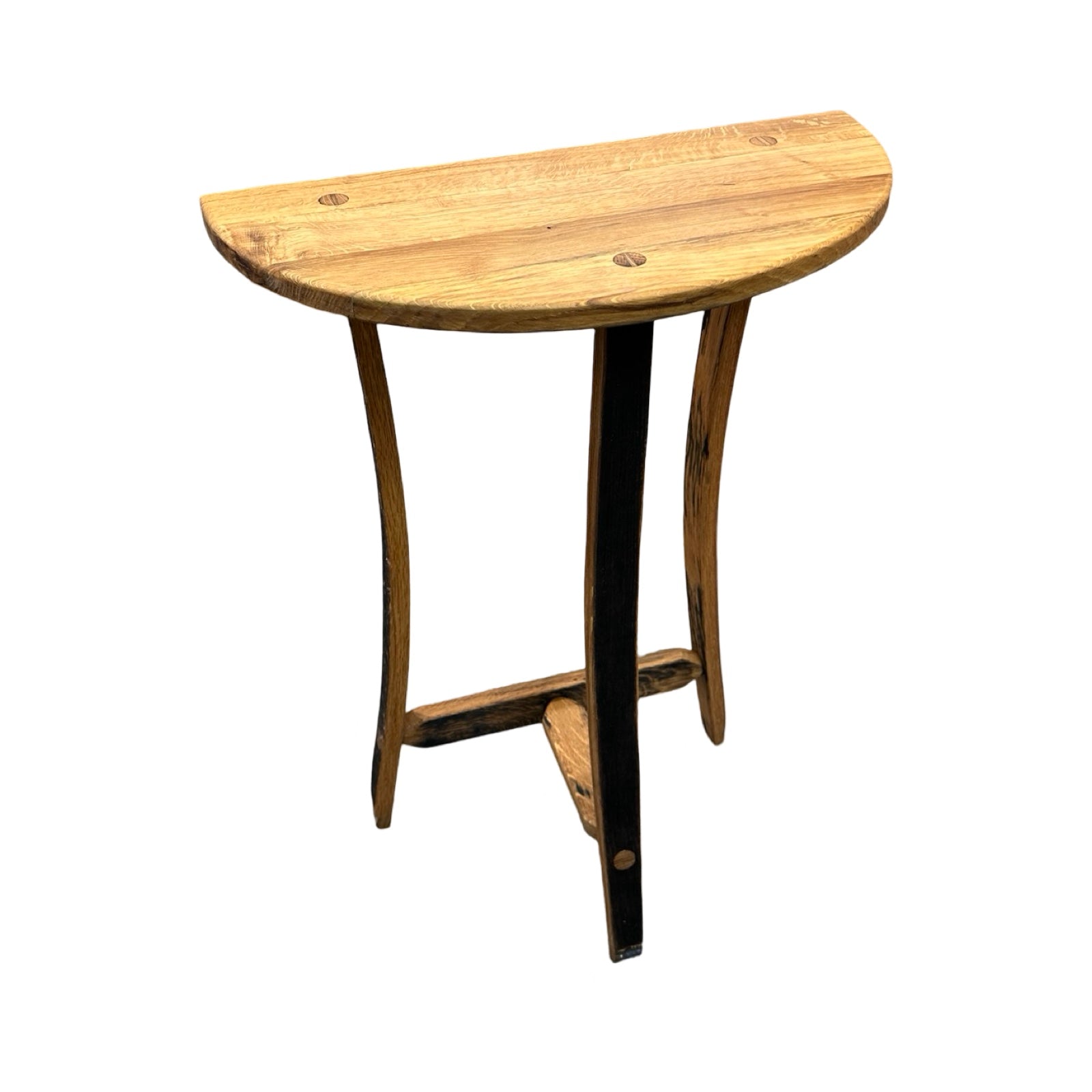 Wooden half moon table with three wooden legs.