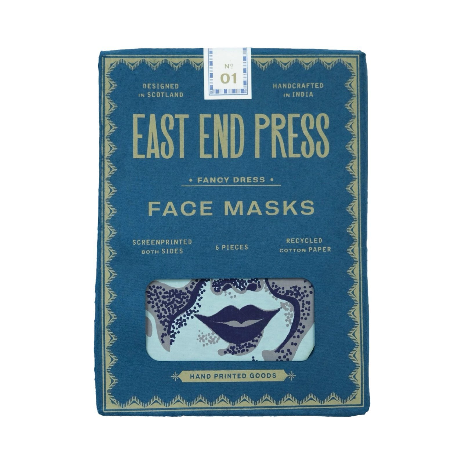 Blue packet containing six Halloween face masks