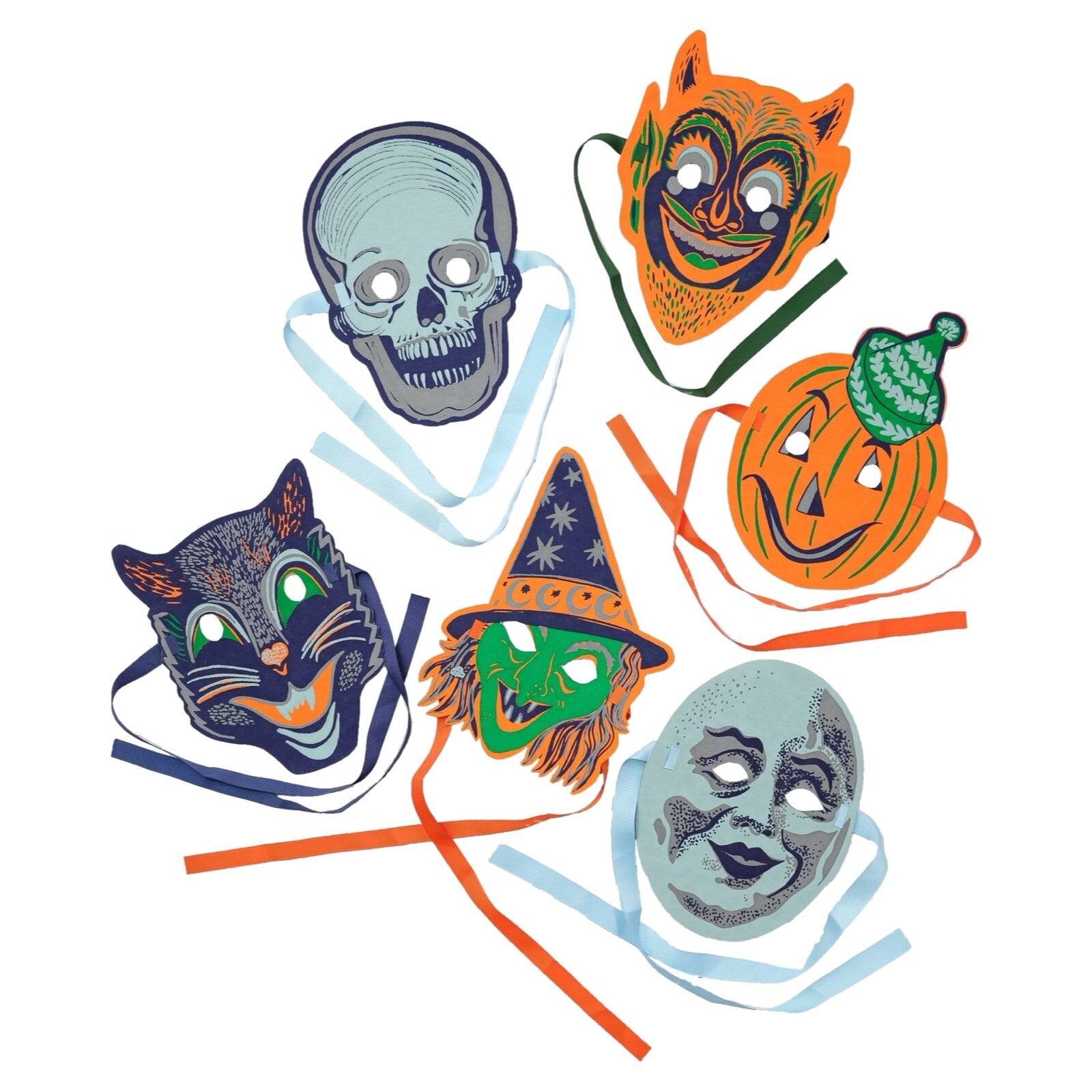 Six Halloween fancy dress face masks features a wolf, a devil, a pumpkin, a moon, a witch and a skeleton mask.