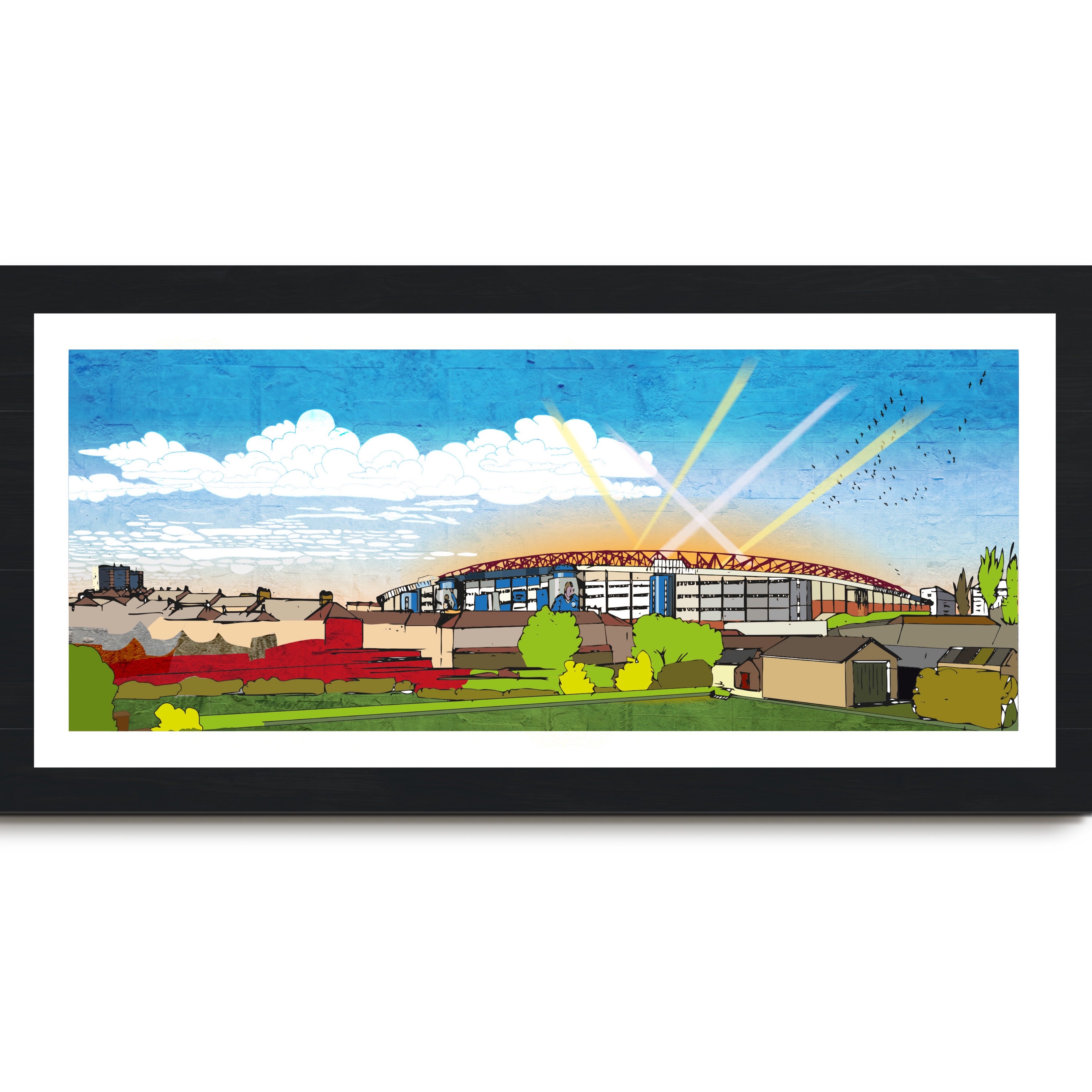 This is a panoramic print in a 20x10inch Mount illustrating the Hampden Park, the home of the Scottish national football team.
