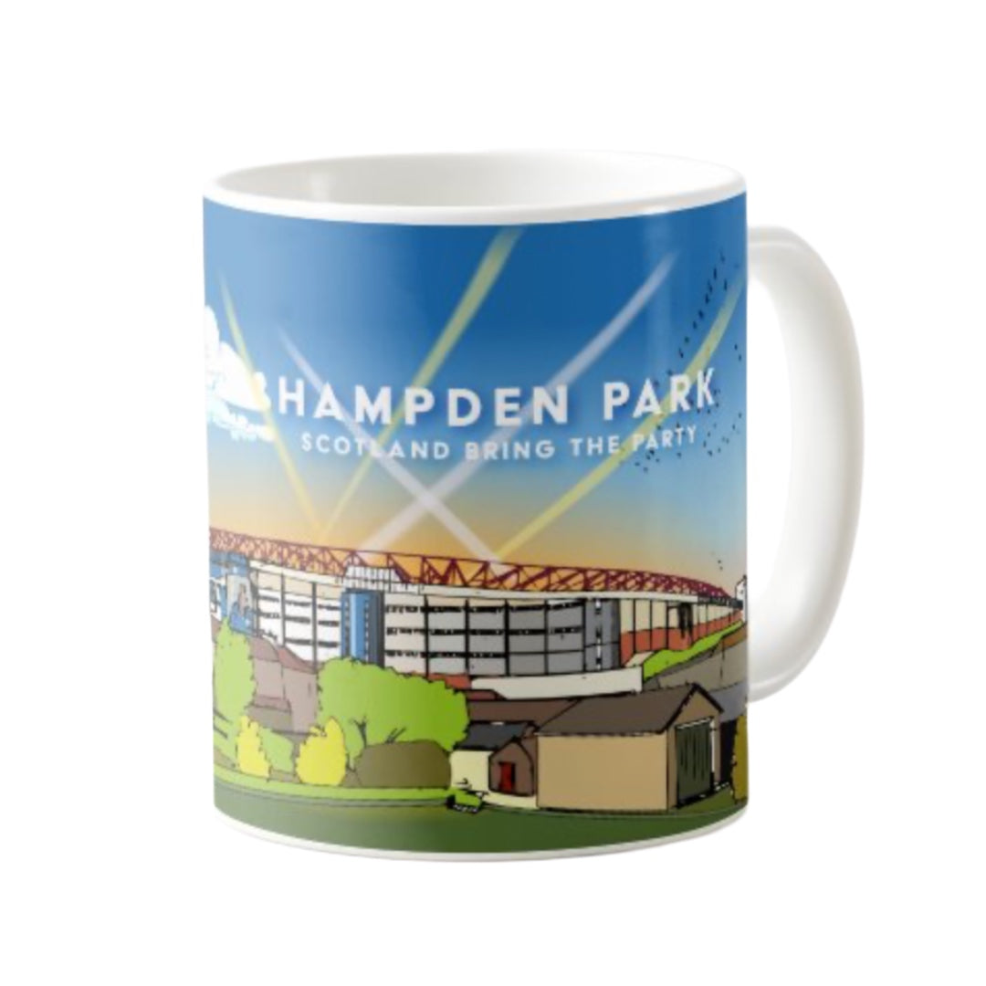Mug featuring a panoramic artwork of Scotland's famous Hampden Park Stadium, home of Scottish football