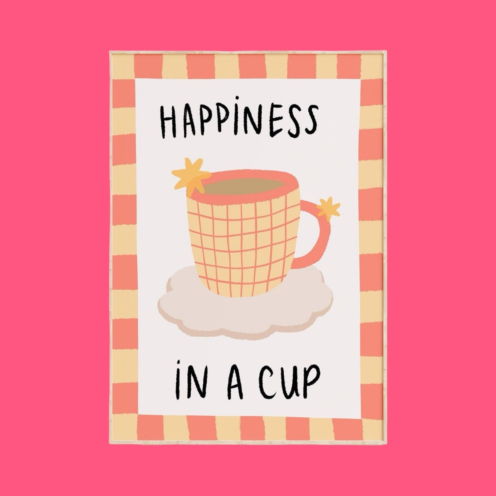 Illustration of a mug with 'Happiness in a Cup' text on a pink background.