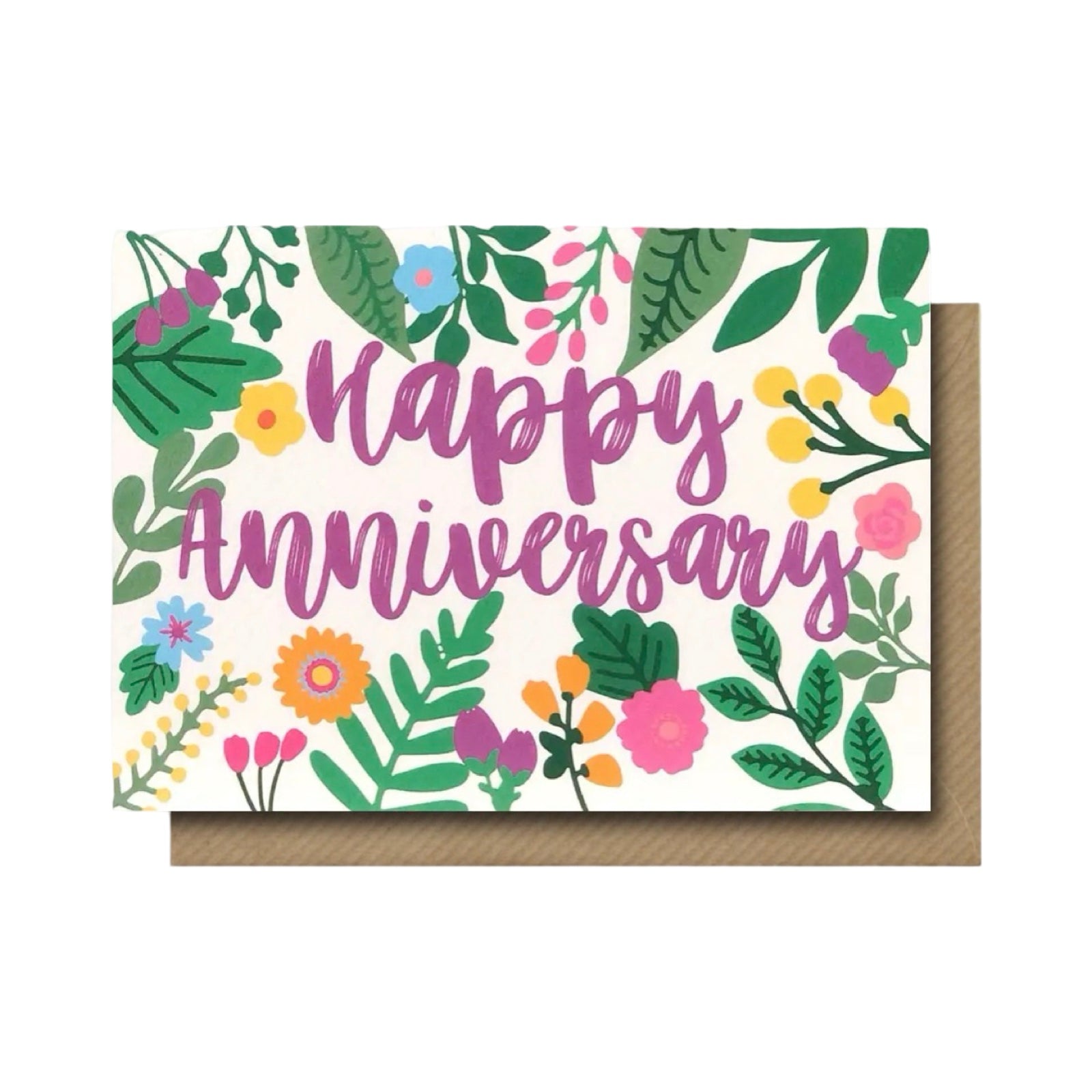 Anniversary card with the text 'Happy Anniversary' written in purple text against a white background filled with leaves and colourful flowers.