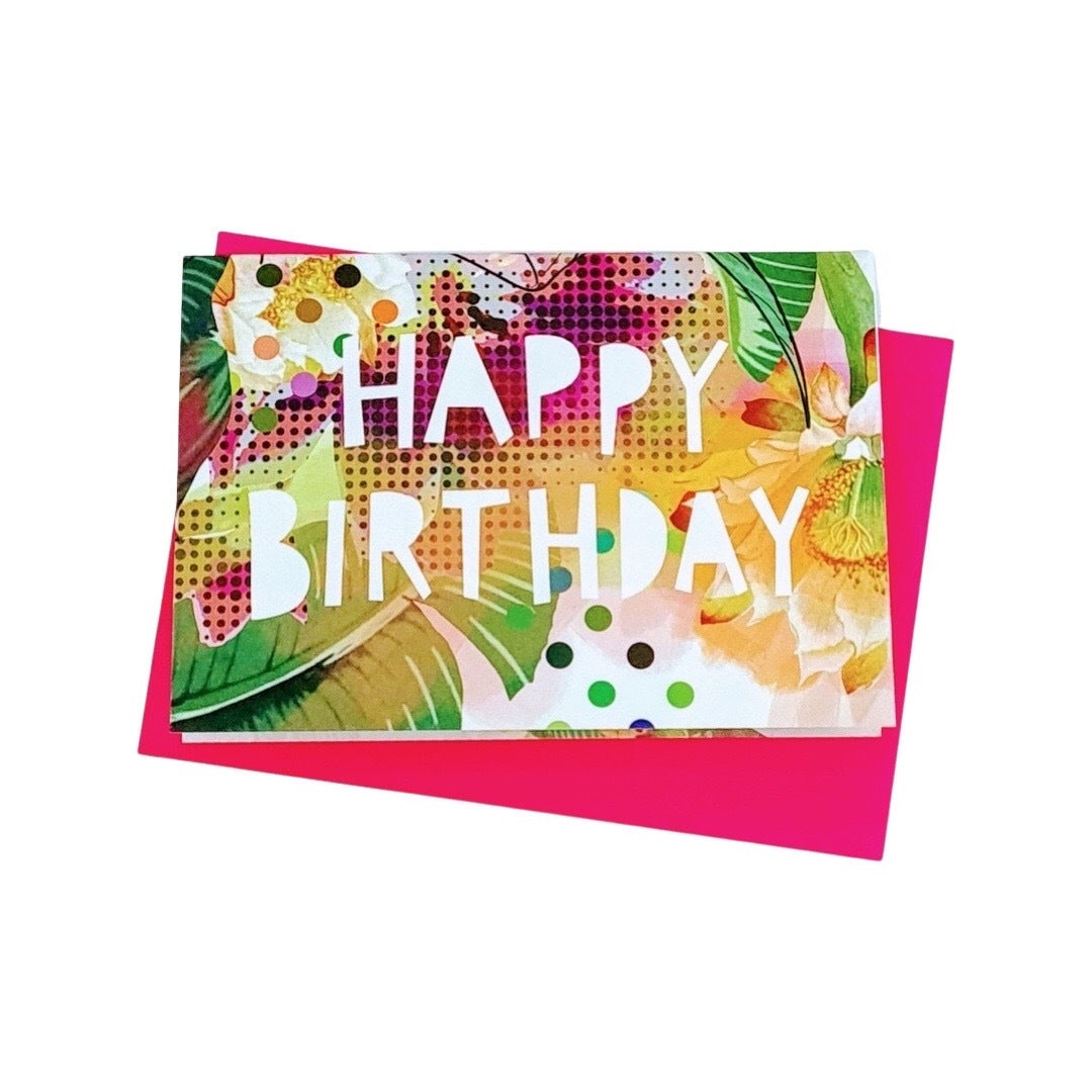Birthday card featuring floral illustrations mixed with abstract shapes and the text 'HAPPY BIRTHDAY' in white.