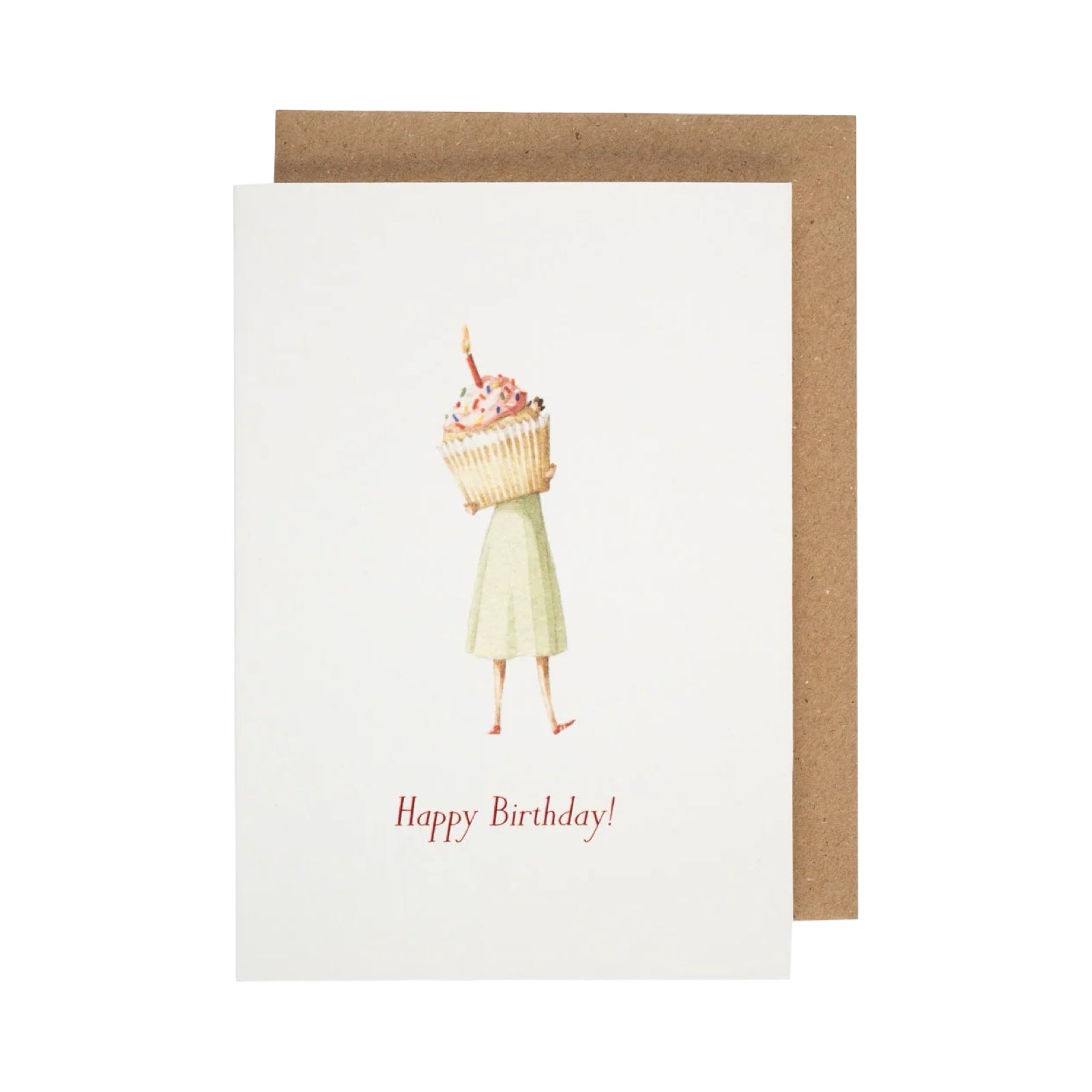 Greeting card with a illustration of a person holding a cupcake and 'Happy Birthday!' text, on a white background.