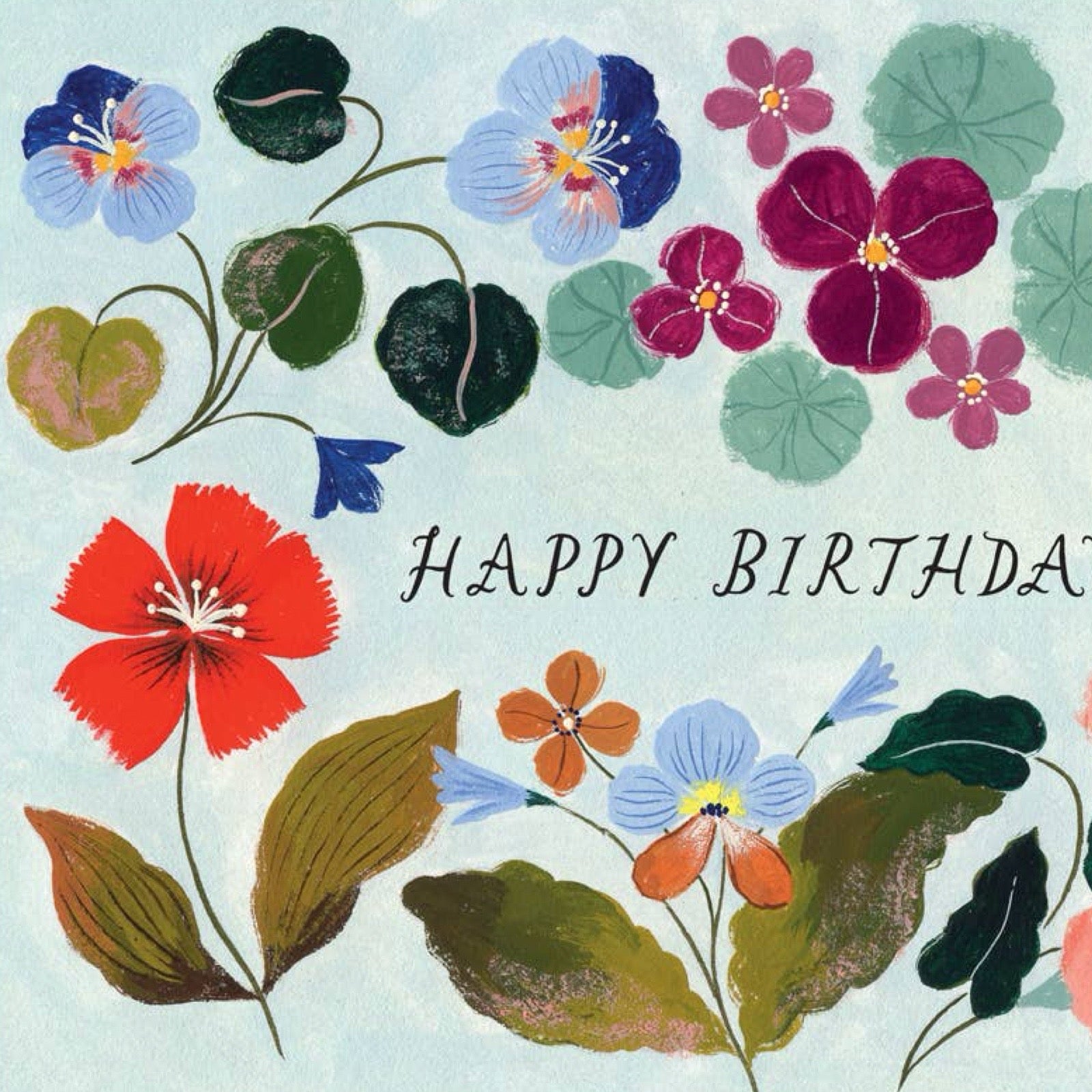 A greeting card design with a light blue textured background, decorated with colourful painted flowers and leaves, and the words “HAPPY BIRTHDAY” in black.