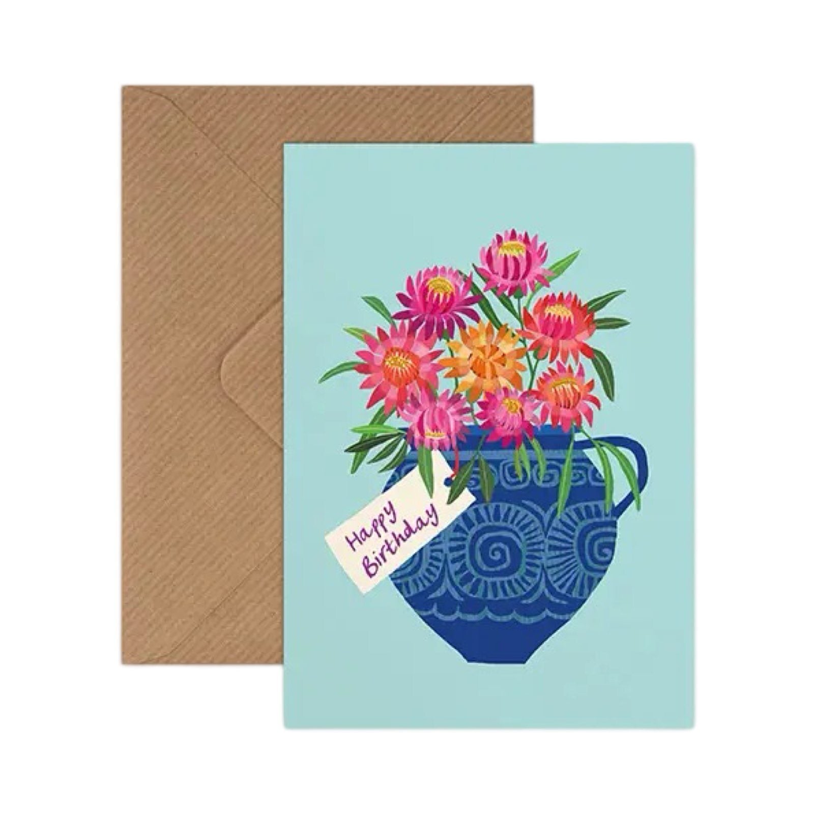 Birthday card featuring a bunch of pink and orange flowers in a blue vase, all on a pale blue background.