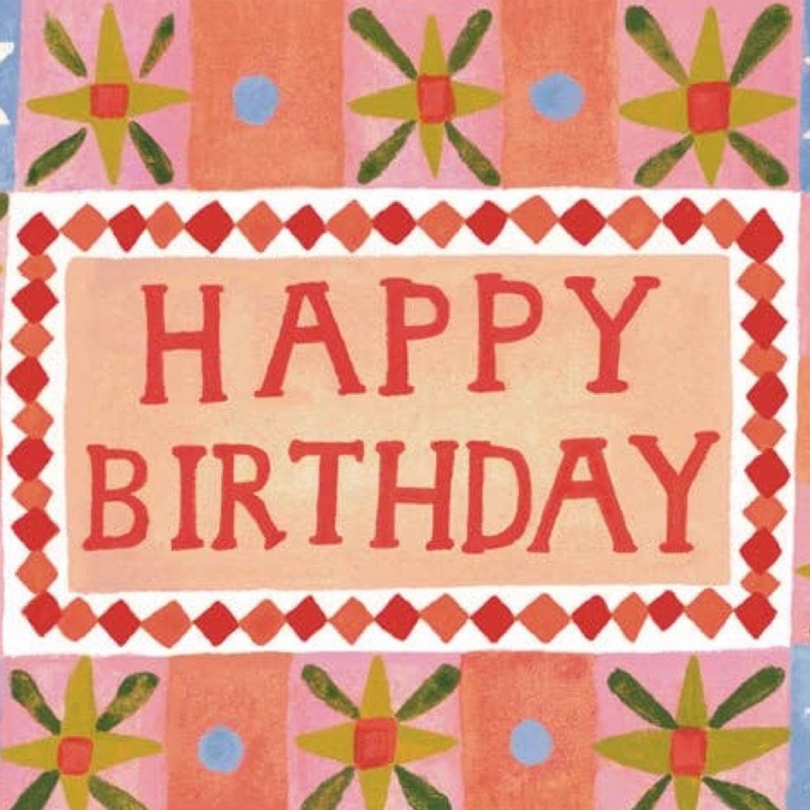 Colourful birthday card with 'Happy Birthday' text on a patterned background.