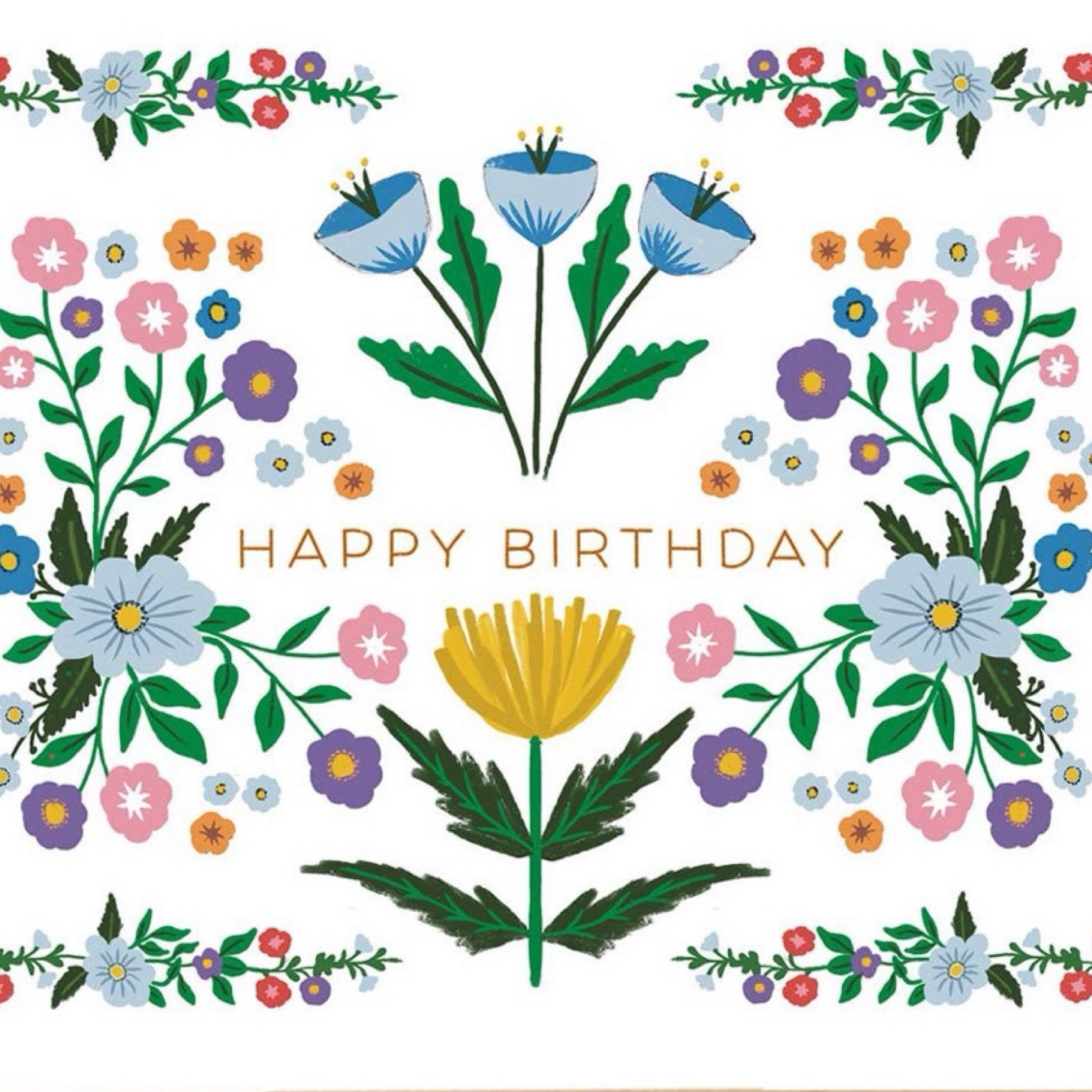 Birthday card featuring a colourful folk flowers design with the text 'Happy Birthday' in gold in the centre.