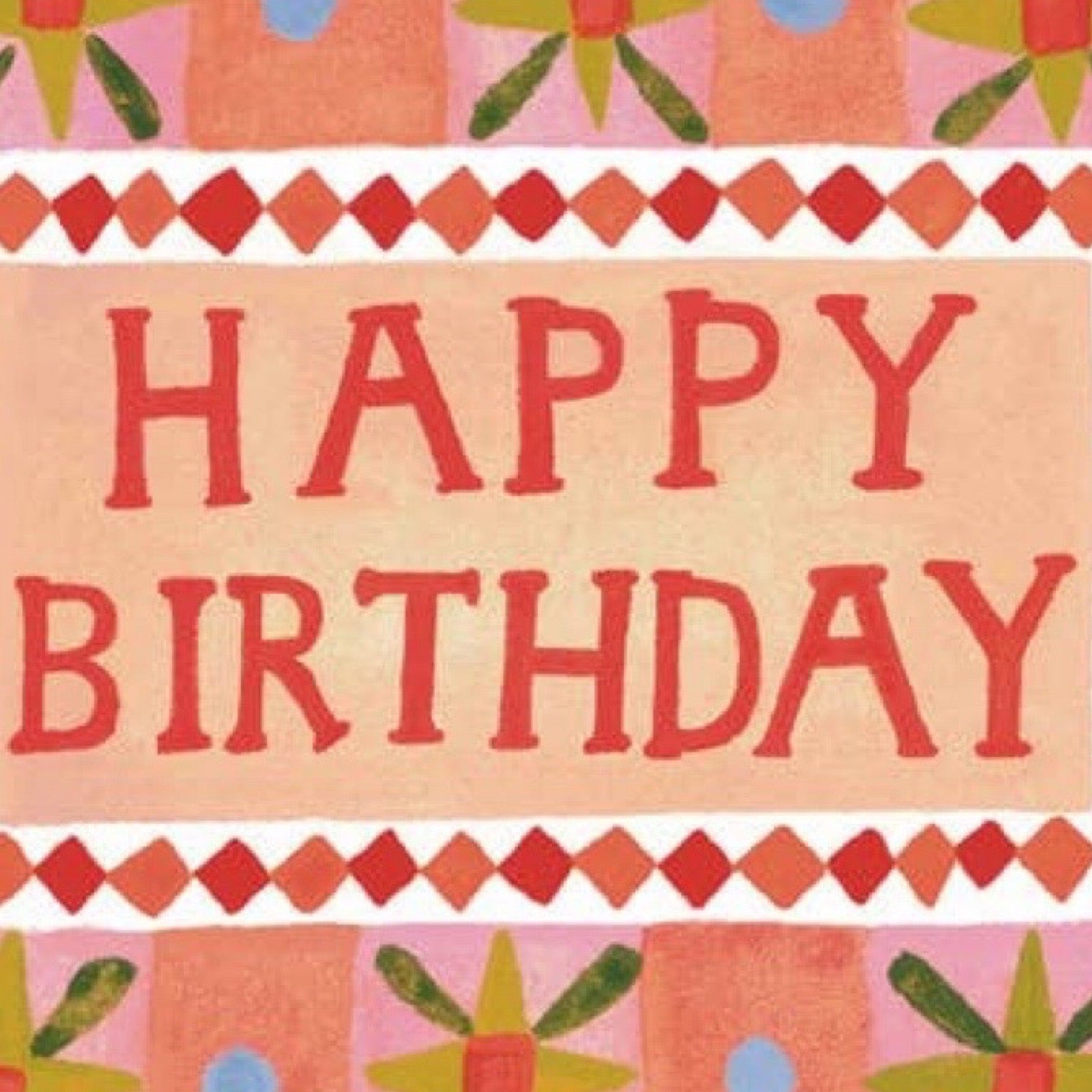 Happy Birthday text on a colourful background with geometric patterns.