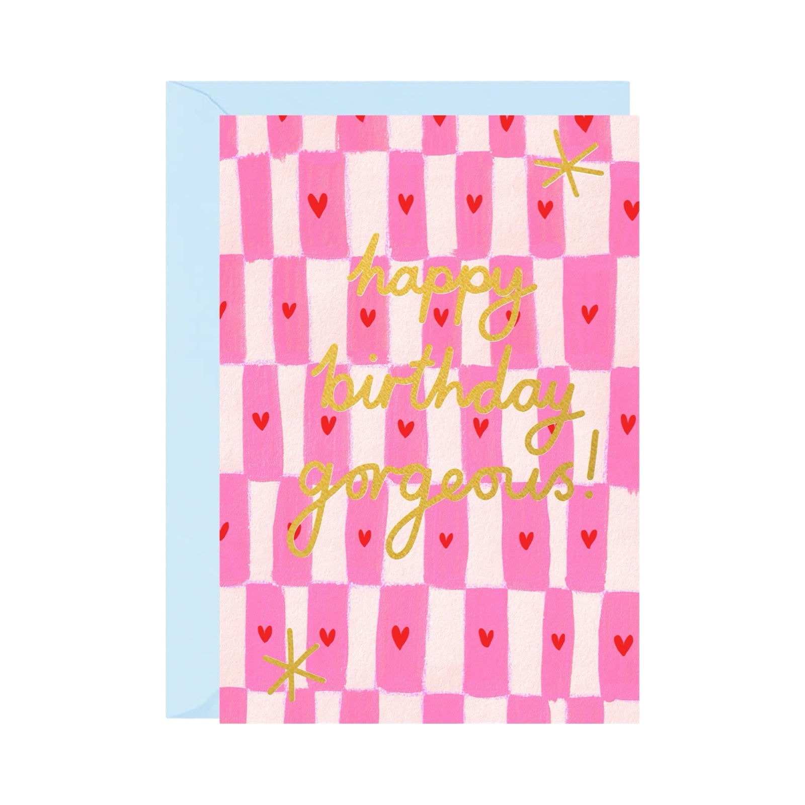Birthday card with pink and white checkered pattern, red hearts, and gold text on a light blue envelope.