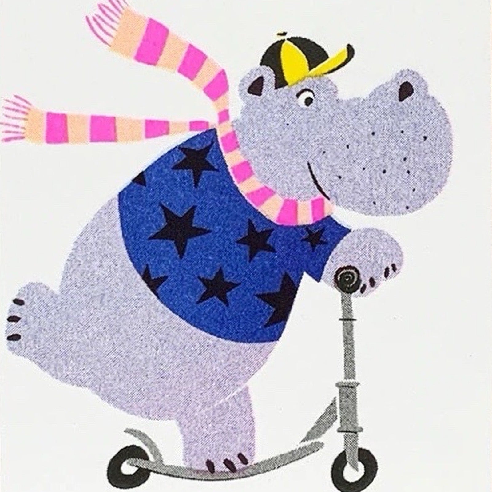 Birthday card featuring a hippo wearing a pink and white striped scarf riding a scooter and the text 'Happy Birthday' written in gold.
