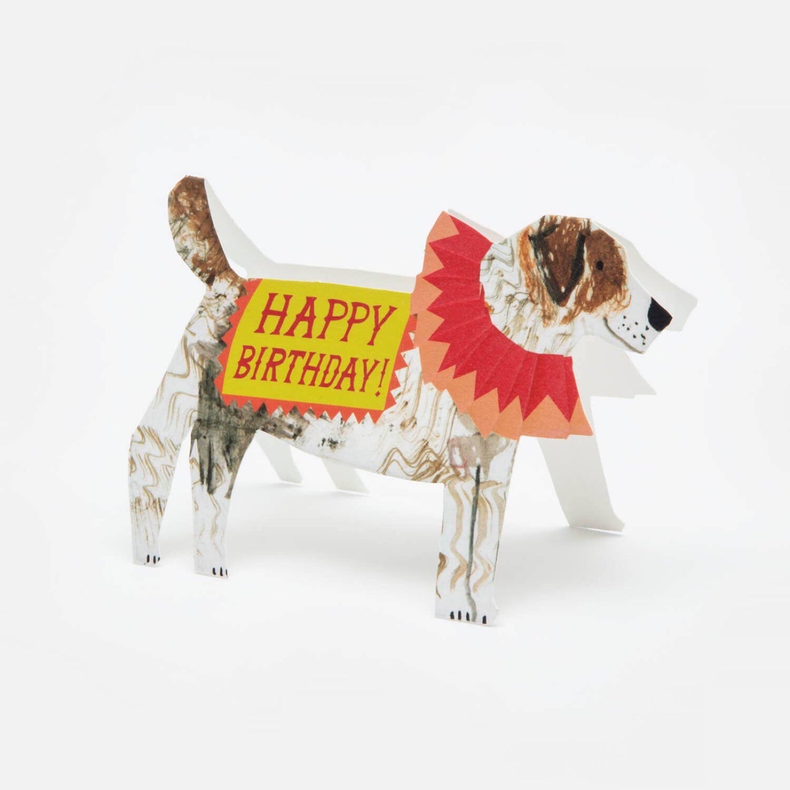 This fabulous dog-shaped birthday card features a brown and white Jack Russell wearing a red party collar and a Happy Birthday blanket.