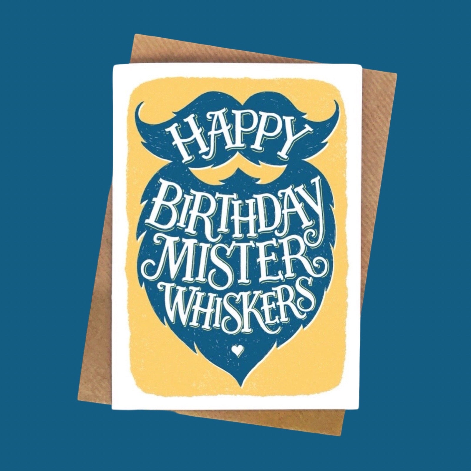 Birthday card with blue moustache and beard on a yellow background on a blue background.