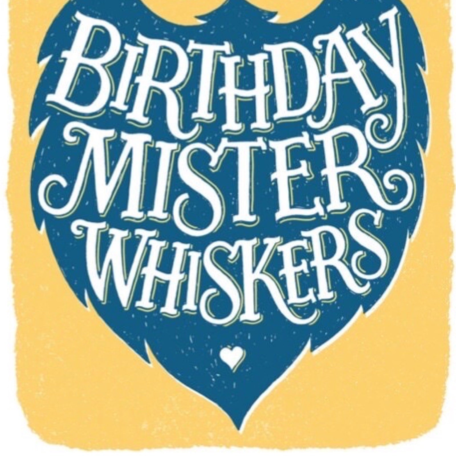 Birthday card with 'Birthday Mister Whiskers' text on a blue beard graphic and yellow background.
