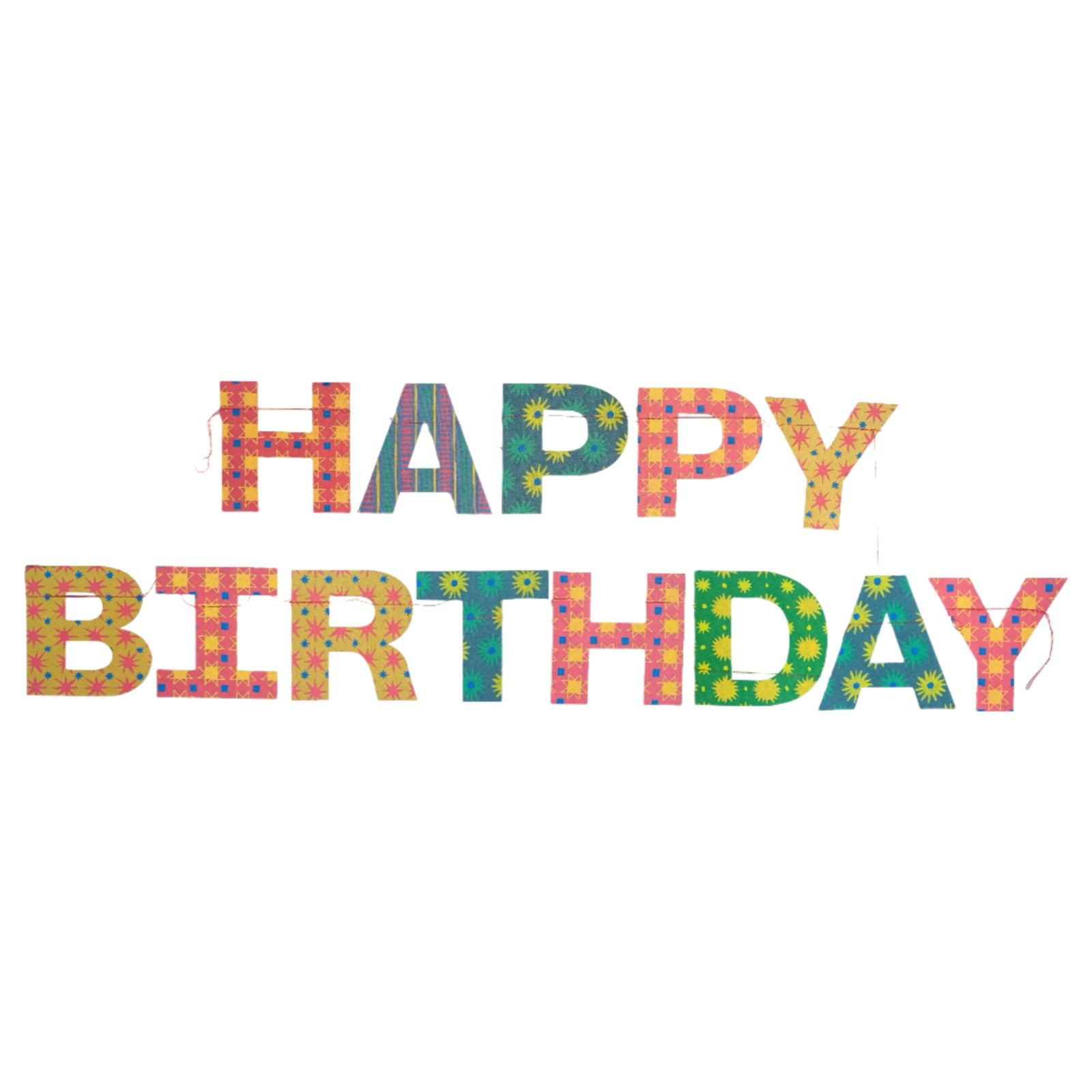 A multicoloured Happy Birthday paper garland in red, green, yellow and teal patterns.