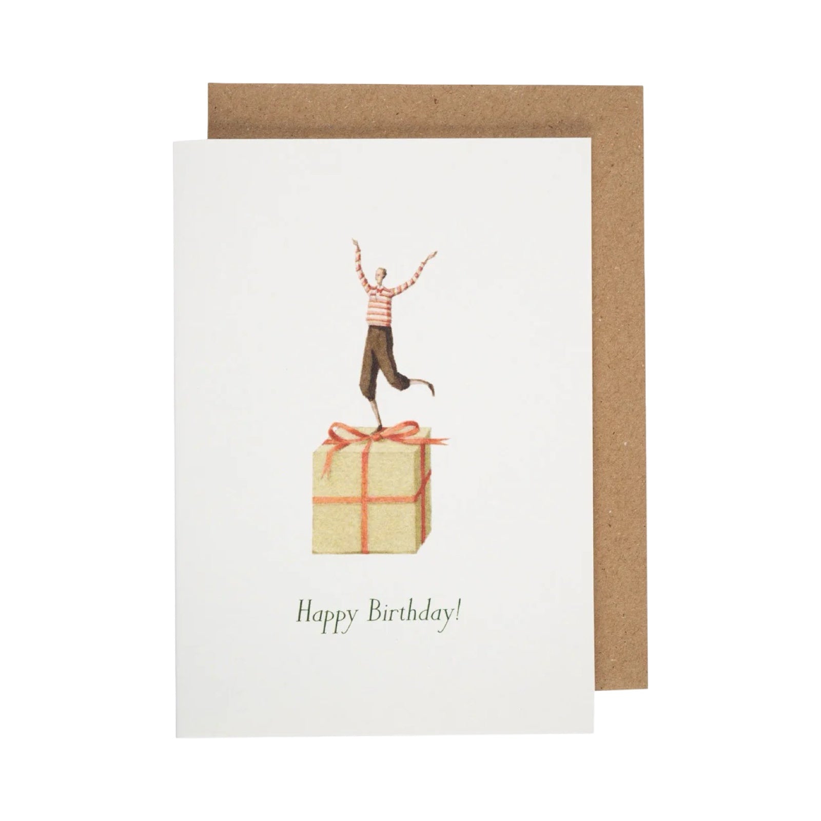 Birthday card with illustration of a person on a gift box, featuring 'Happy Birthday!' text.