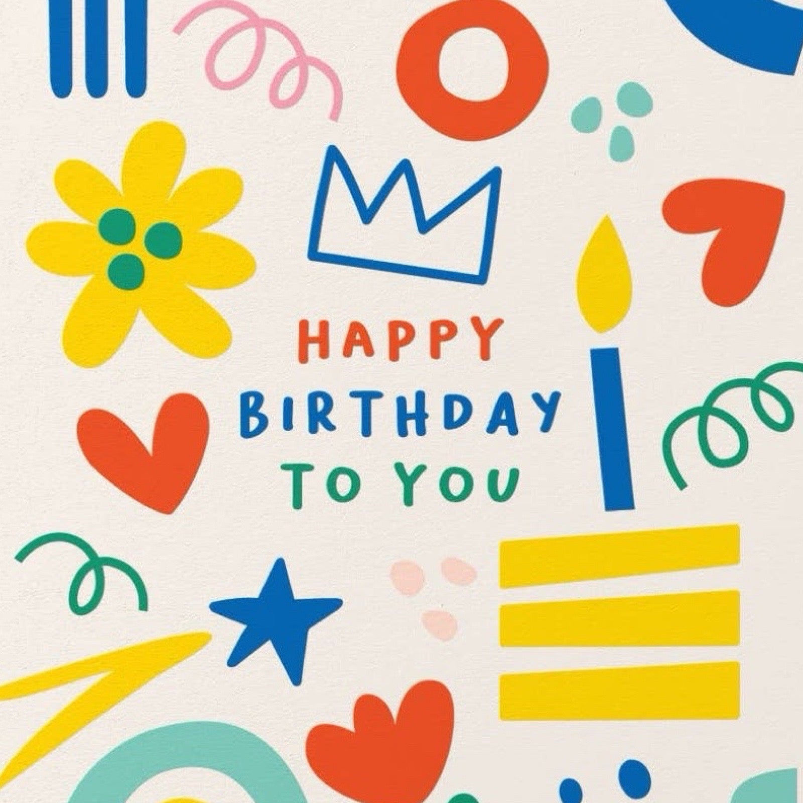 Birthday card featuring an abstract design of a birthday cake, a rainbow, a tulip and many more, with the text 'Happy Birthday To You'.