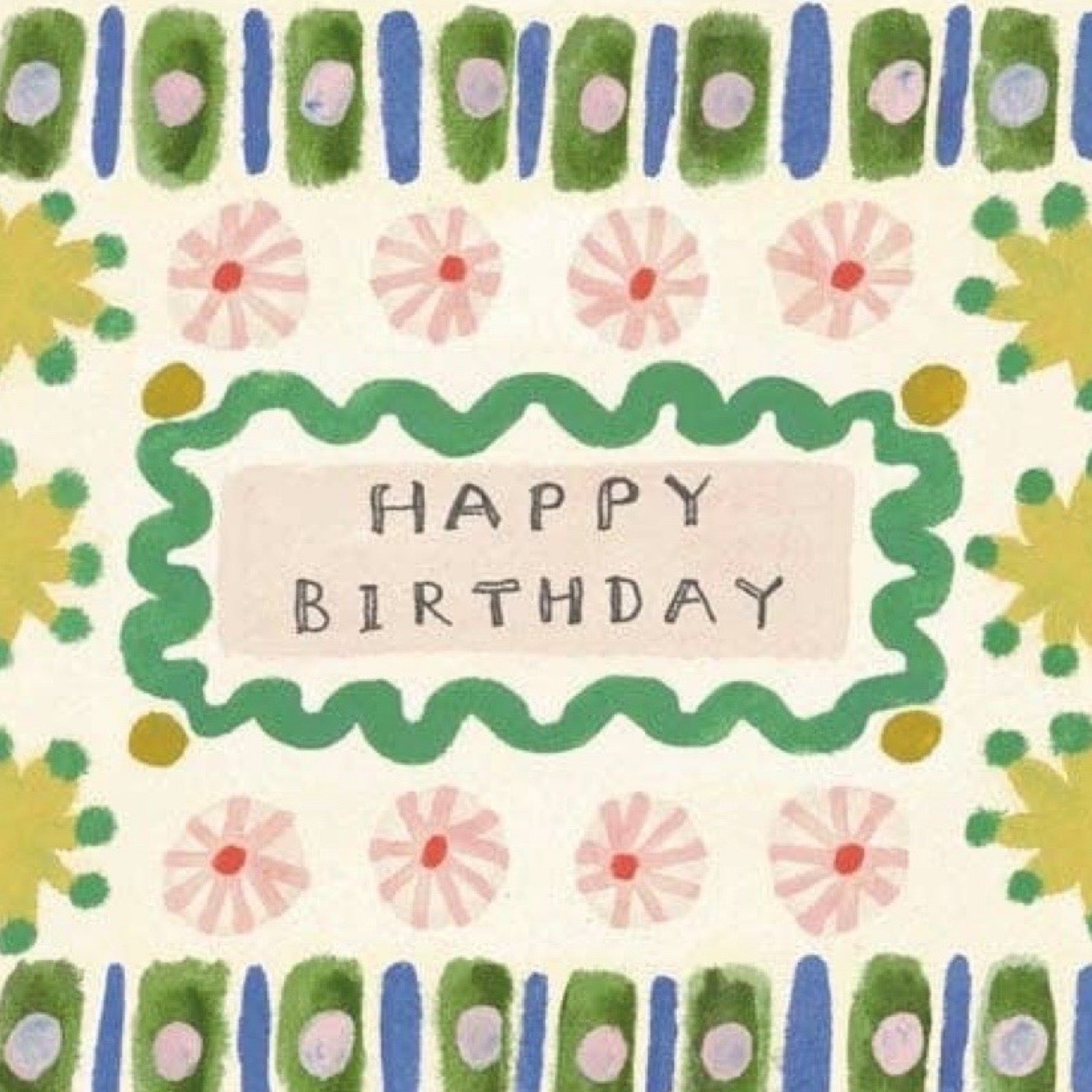 Colourful birthday card with floral patterns and 'Happy Birthday' text on a white background.