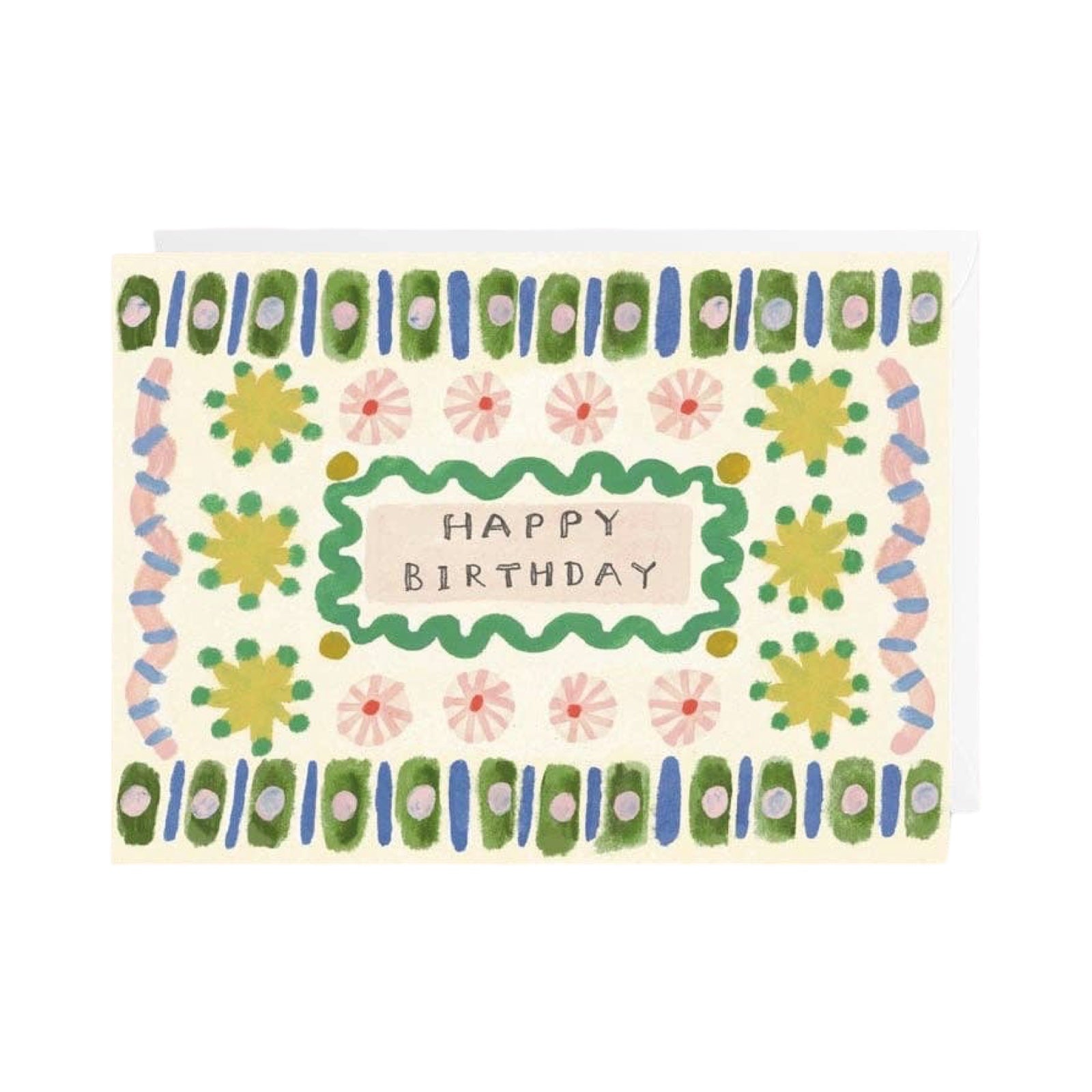 Colourful birthday card with floral patterns and 'Happy Birthday' text on a white background.