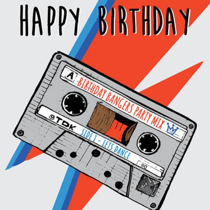 Birthday card with a cassette tape design and 'Happy Birthday' text on a colorful background.