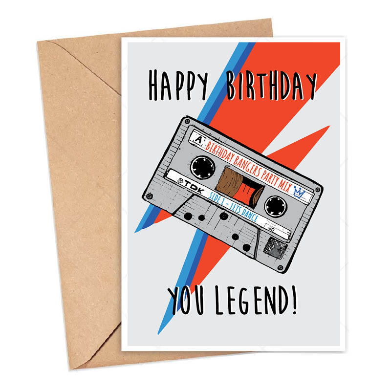 Birthday card featuring a mix tape with the name 'Birthday Bangers Party Mix' and a Bowie-inspired lightning bolt behind.