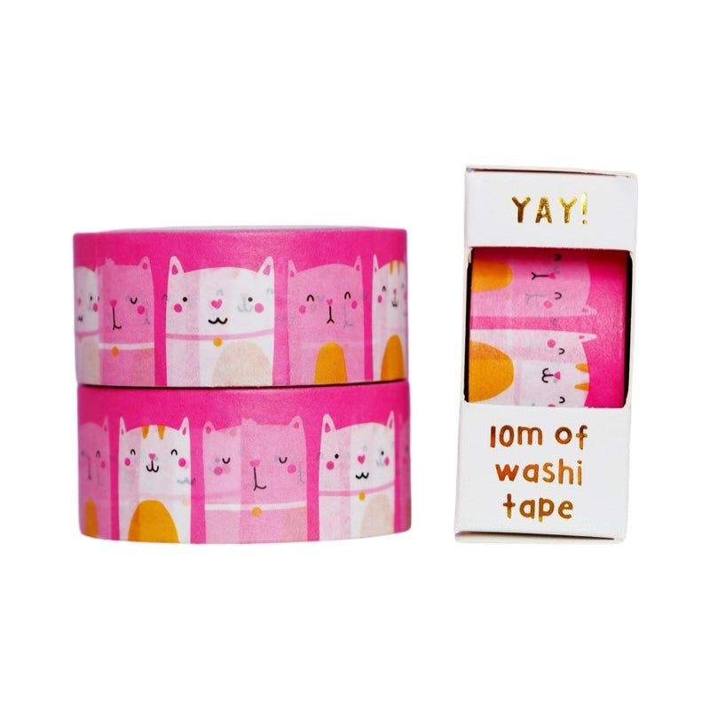 A roll of pink washi tape with pink, white and orange cats.
